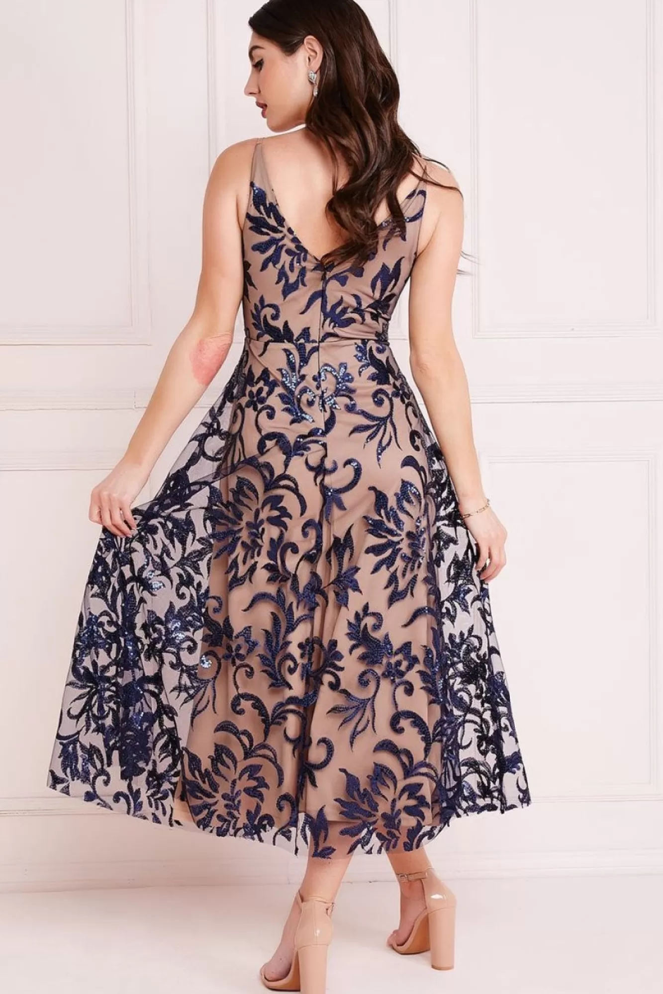 Midi Dresses^* Sequin Mesh V-Neck Flared Skirt Midi Navy