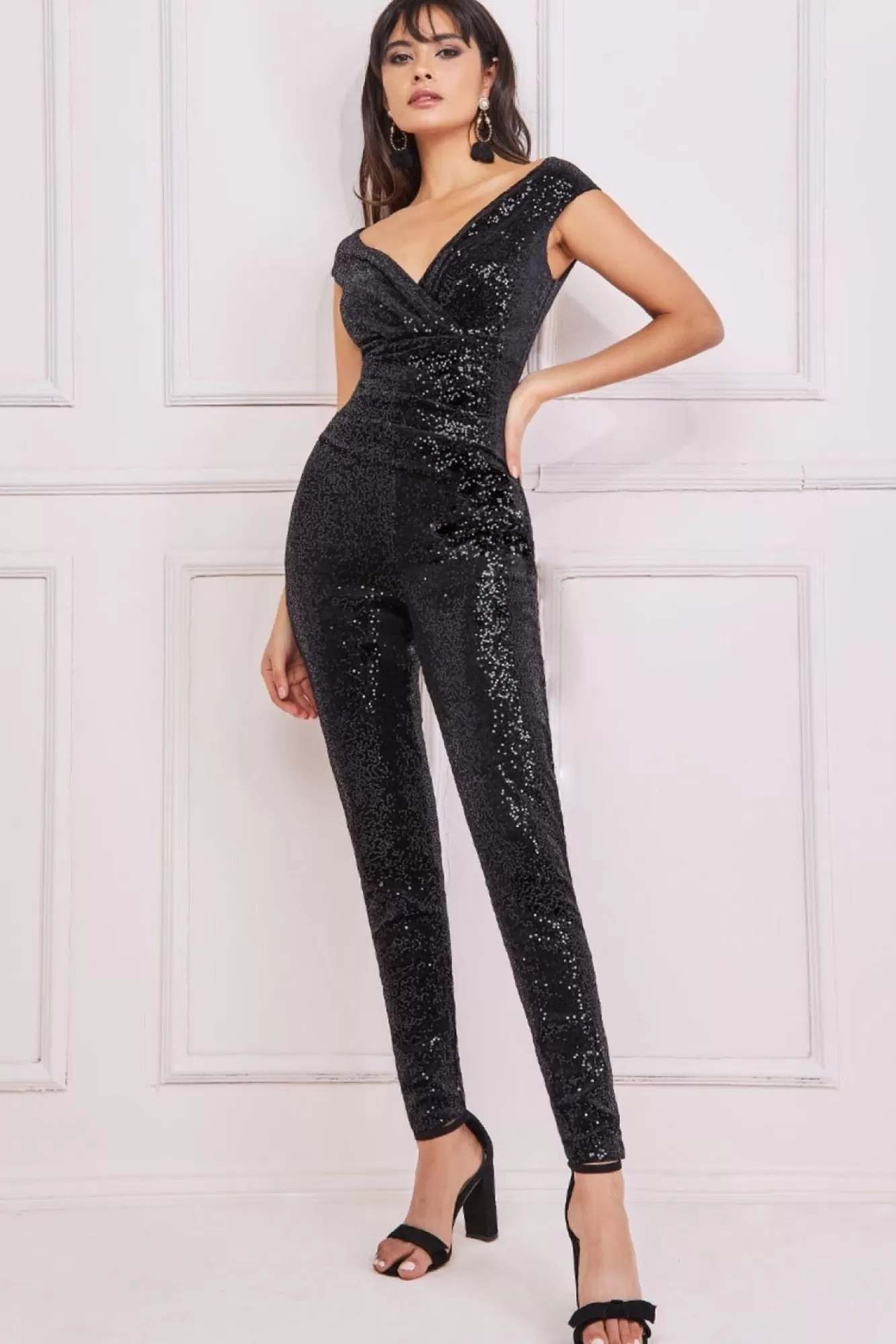 Jumpsuits^* Sequin Velvet Bardot Jumpsuit Black