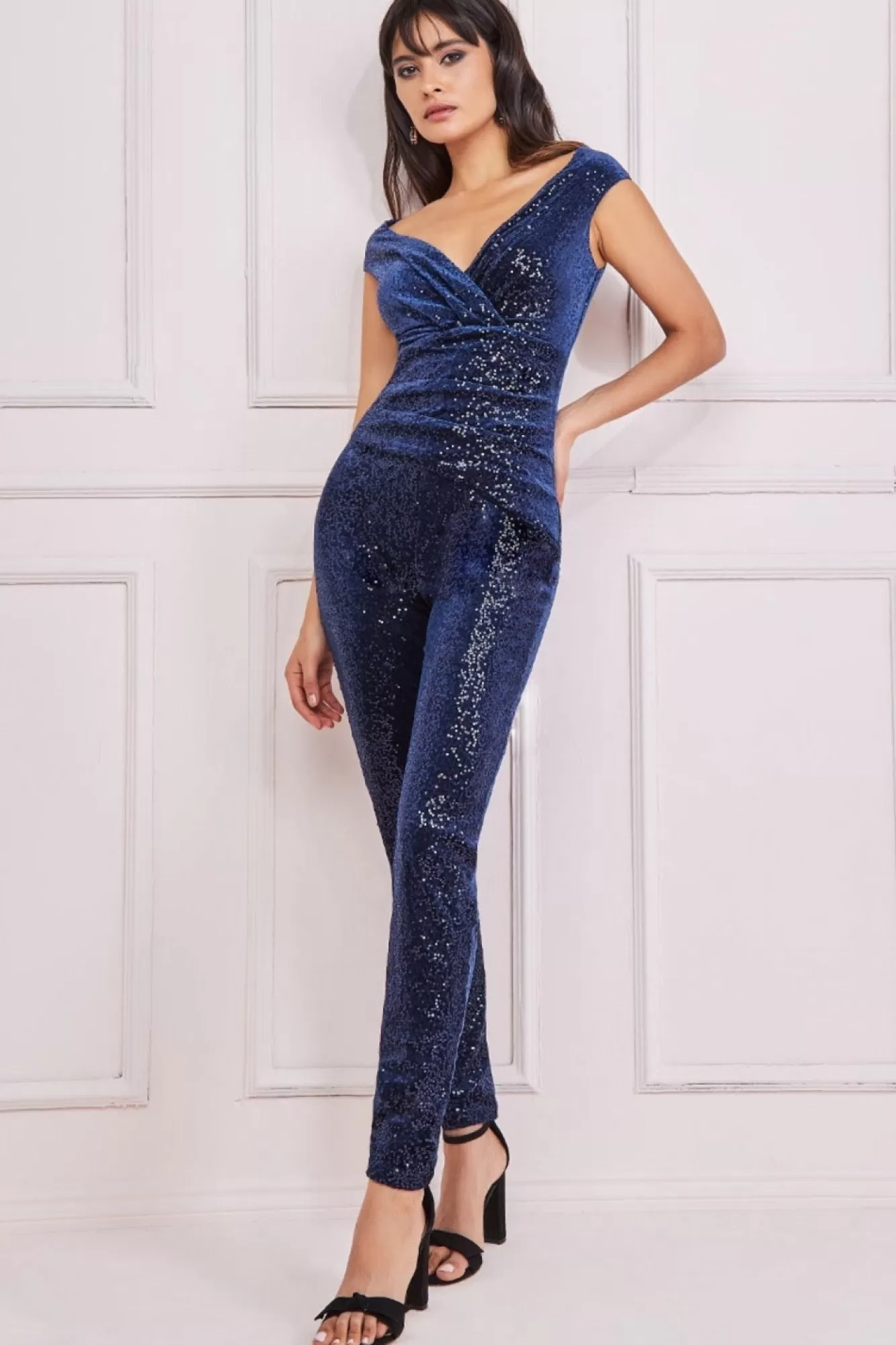 Jumpsuits^* Sequin Velvet Bardot Jumpsuit Navy