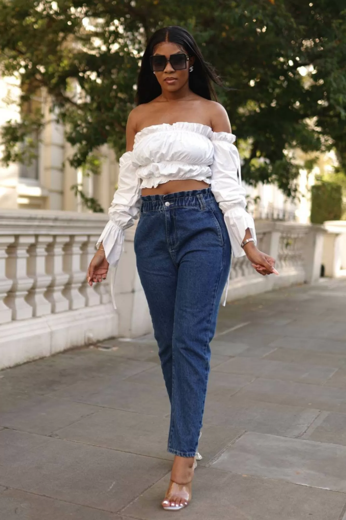 Trousers^SETSOFRAN London High Waist Shape Paperbag Jeans Medium Wash Denim Blue