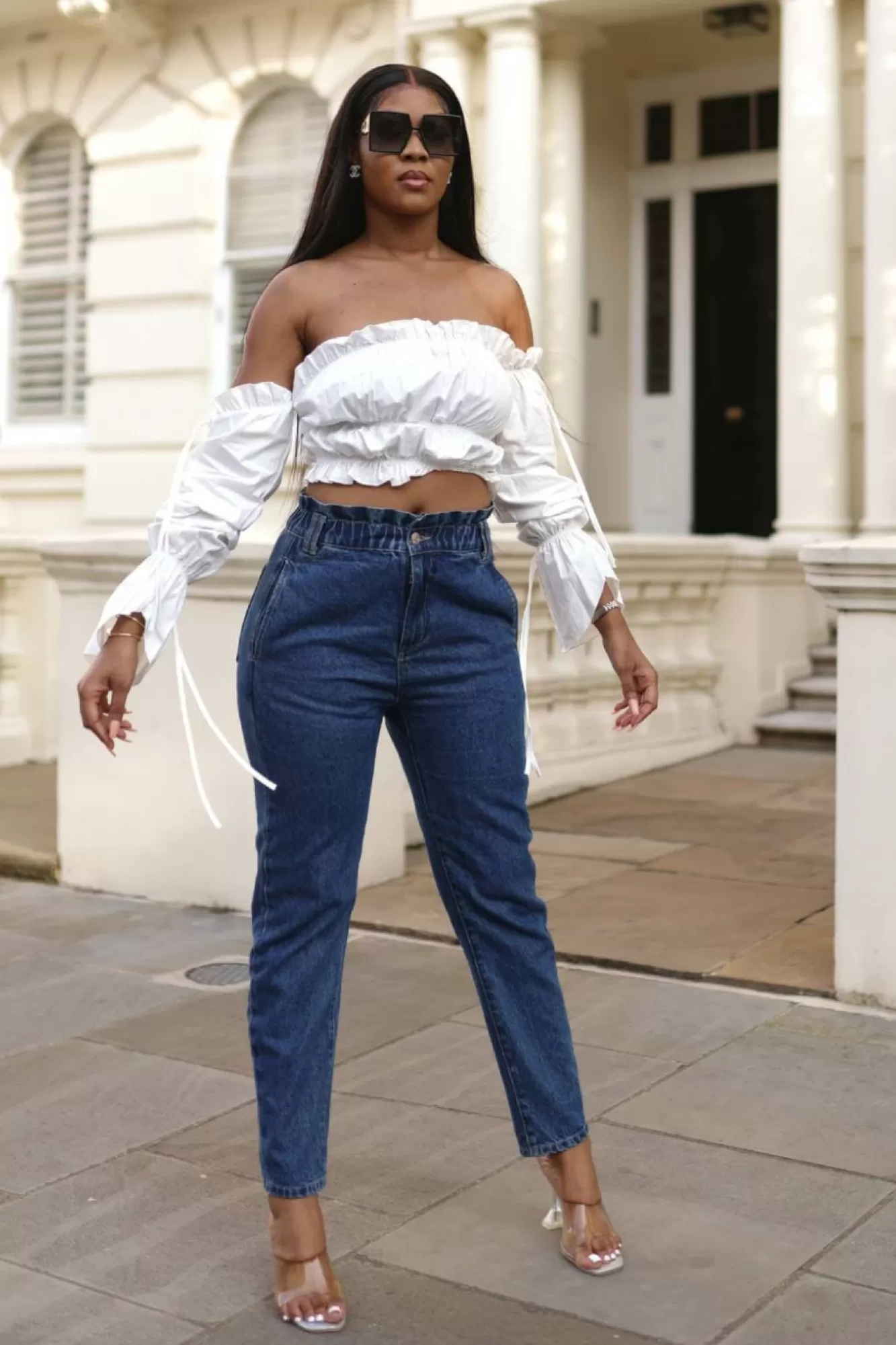 Trousers^SETSOFRAN London High Waist Shape Paperbag Jeans Medium Wash Denim Blue