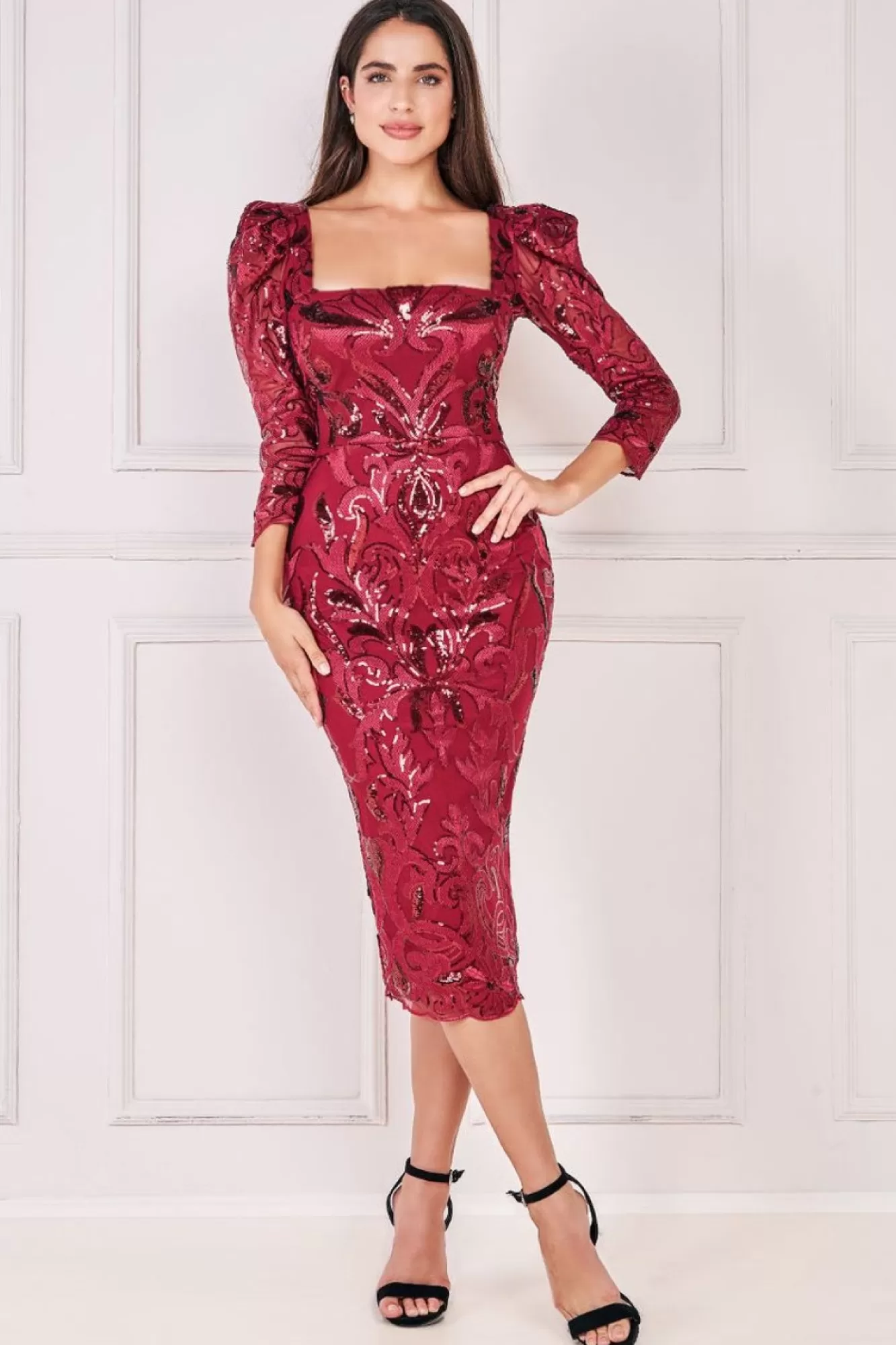 Midi Dresses^* Square Neck Scalloped Lace Midi Wine