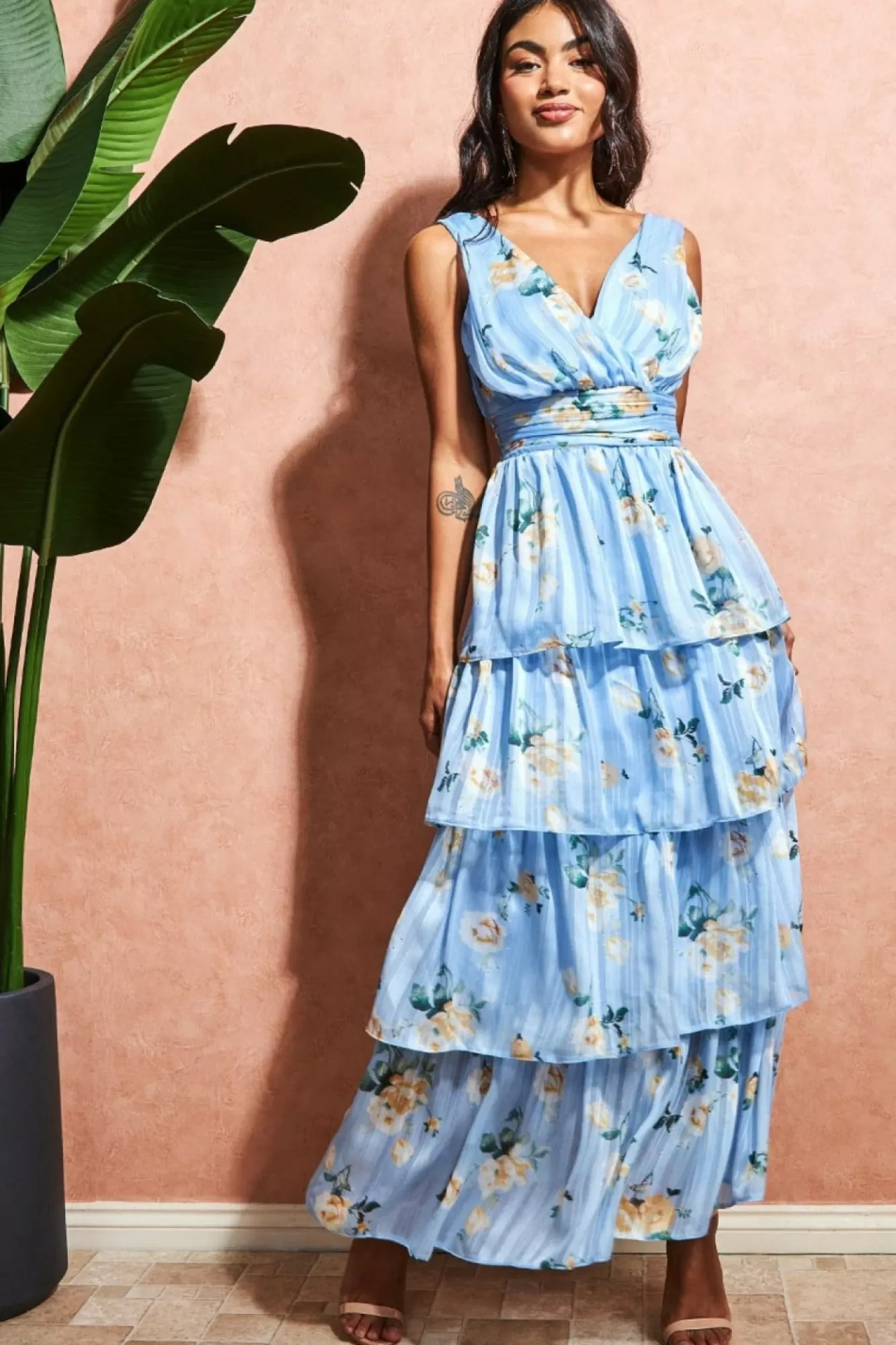Maxi Dresses^* Tiered Chiffon Floral Maxi - Powder Blue Powderblue