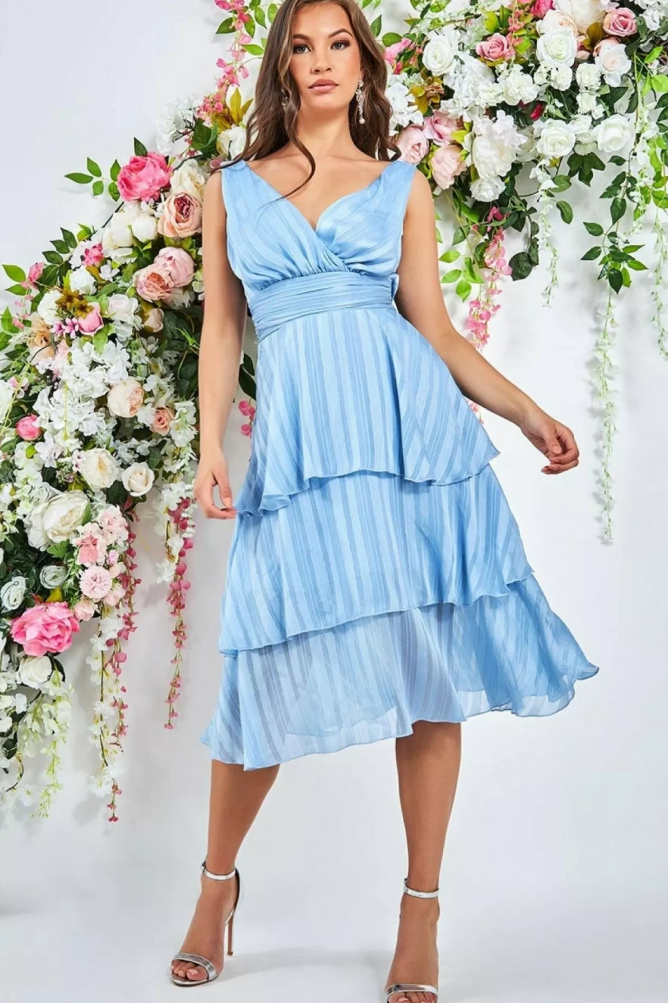 Midi Dresses^* Tiered Chiffon Midi Dress - Powder Blue Powderblue