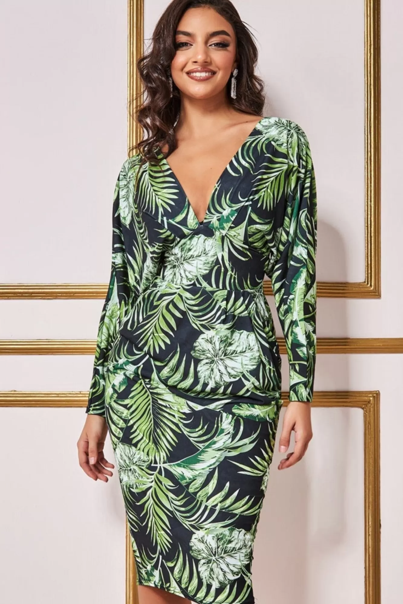 Midi Dresses^* Tropical Print Midi With Batwing Sleeves Green