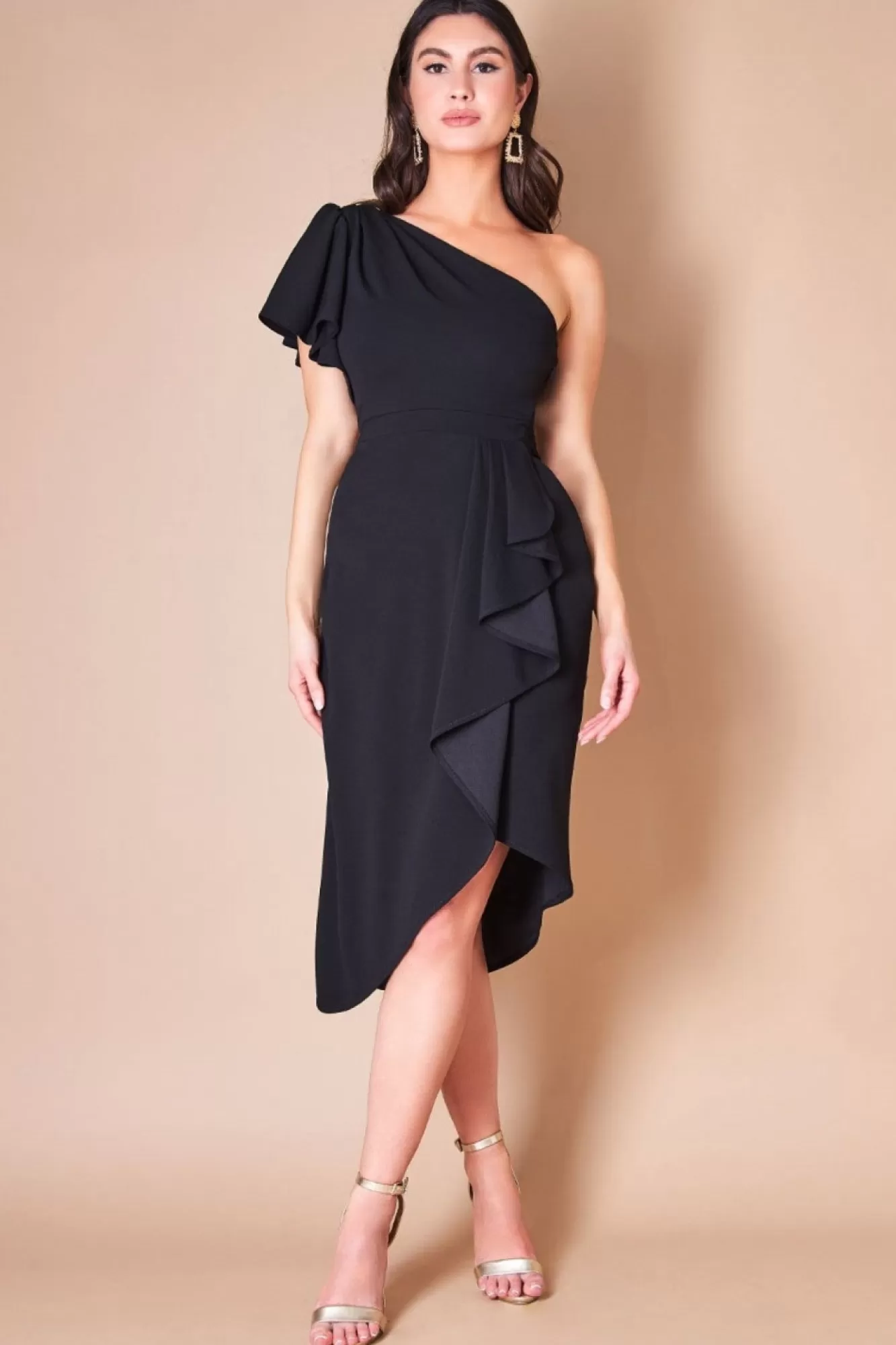 Midi Dresses^* Waterfall Sleeve Wrap Midi Dress Black