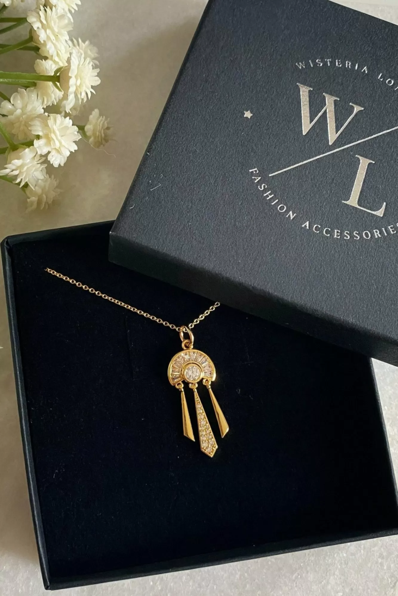 Jewellery^Wisteria London Allegra Deco Fan Necklace Gold