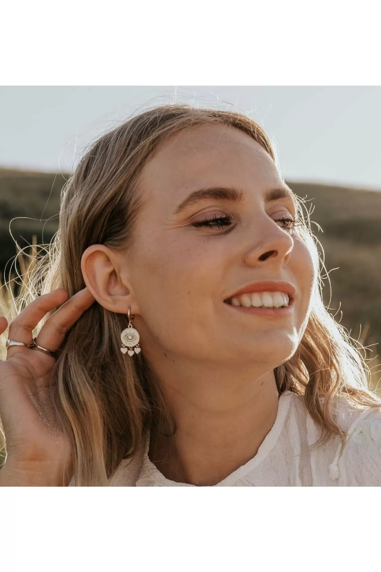 Jewellery^Wisteria London Amaya Evil Eye Huggie Hoop Earrings White