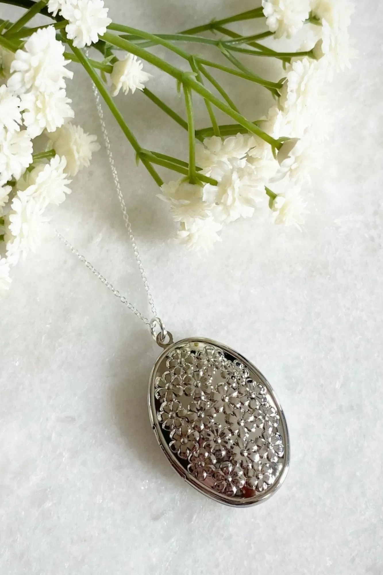 Jewellery^Wisteria London Blossom Flower Oval Locket Silver