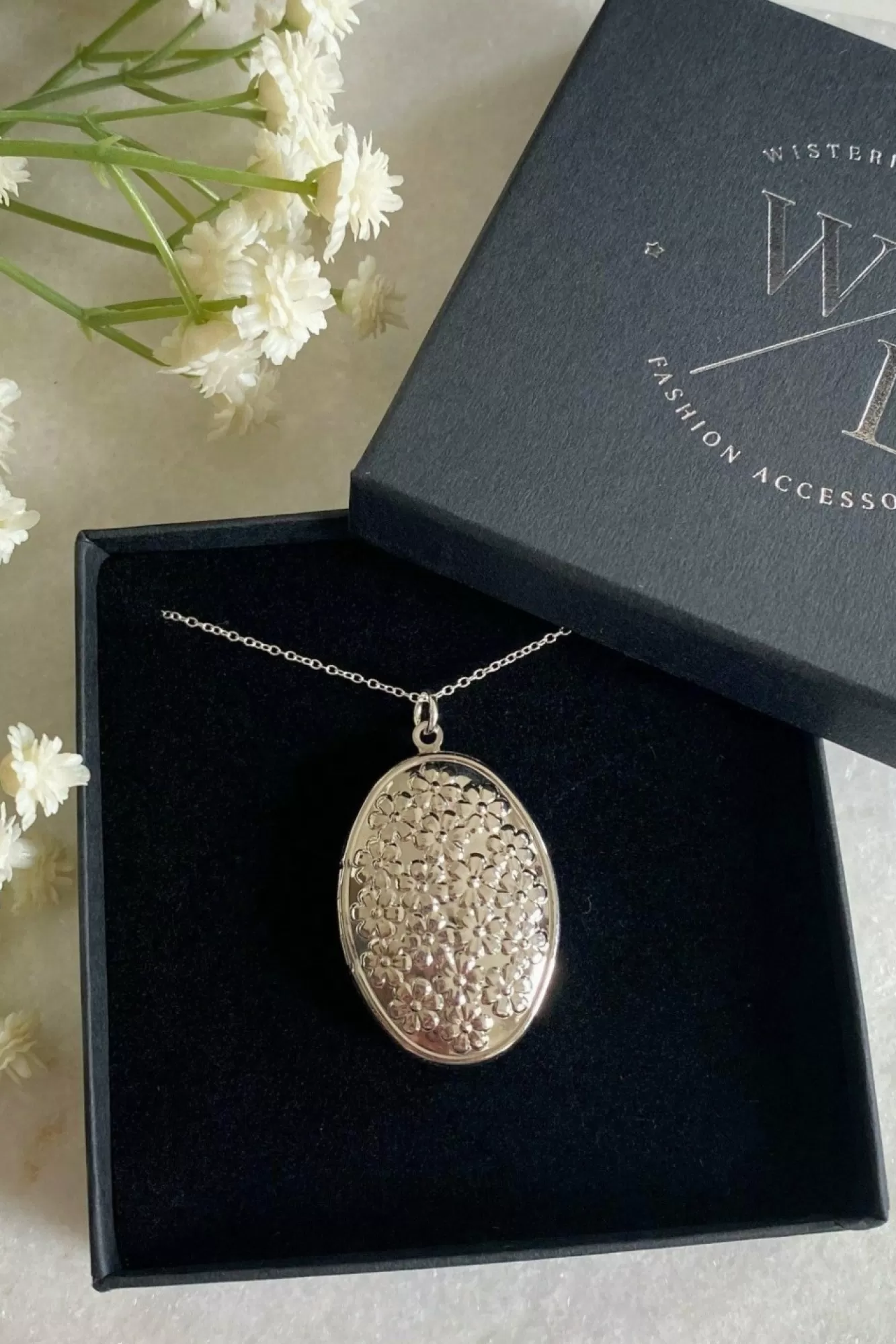 Jewellery^Wisteria London Blossom Flower Oval Locket Silver