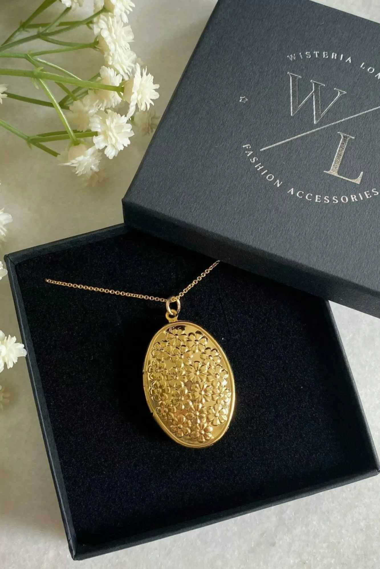 Jewellery^Wisteria London Blossom Flower Oval Locket Gold