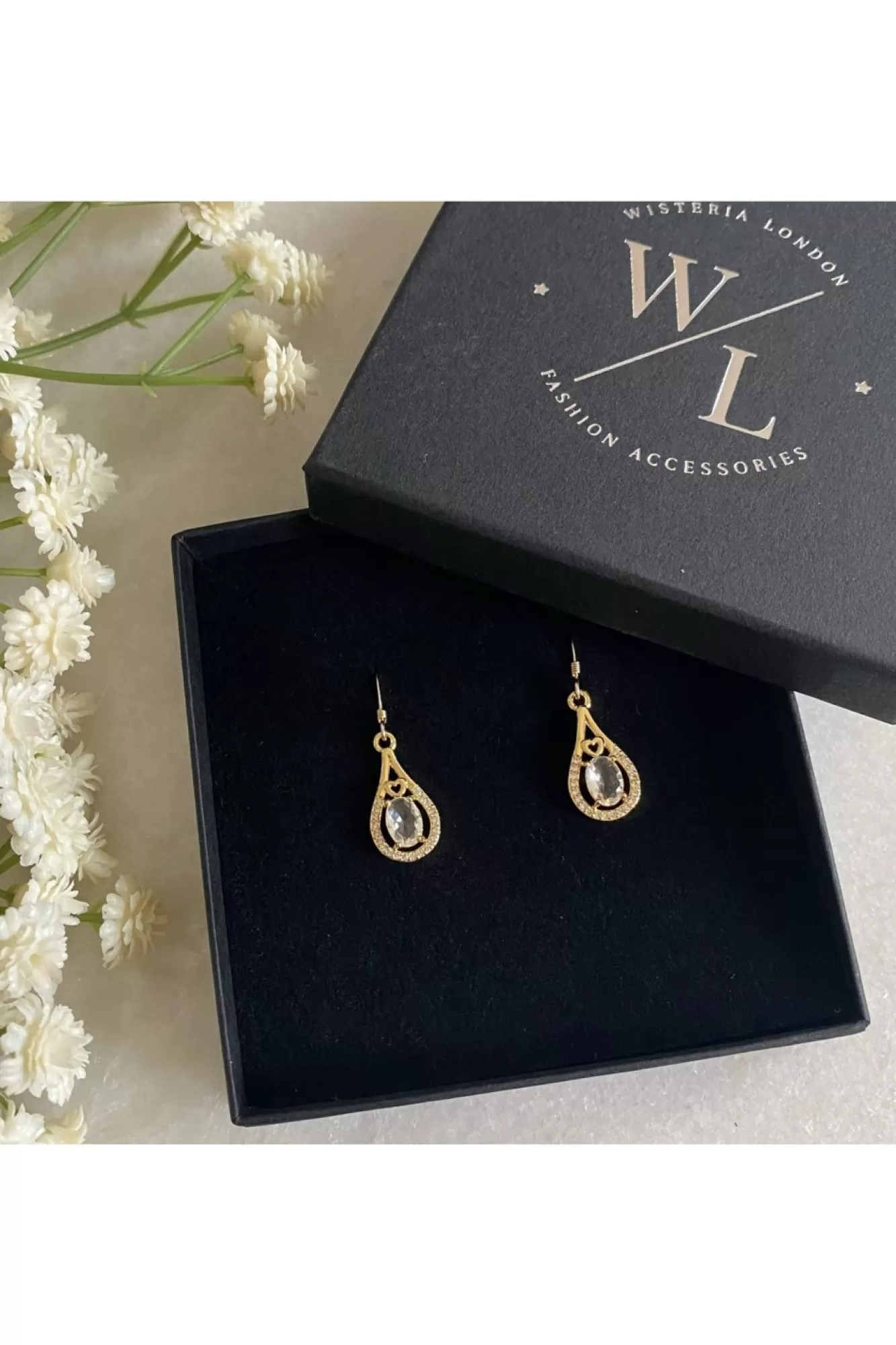 Jewellery^Wisteria London Esmeralda Clear Teardrop Earrings White