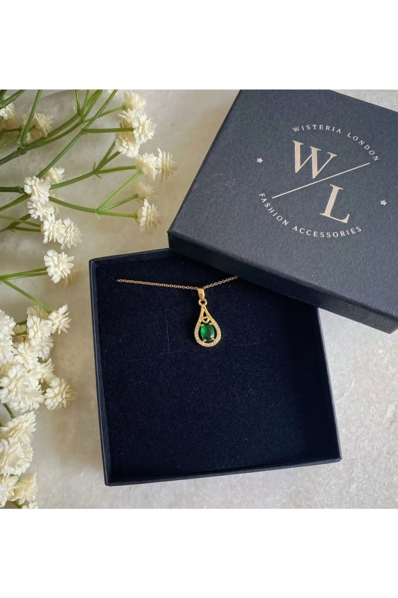 Jewellery^Wisteria London Esmeralda Teardrop Necklace Green