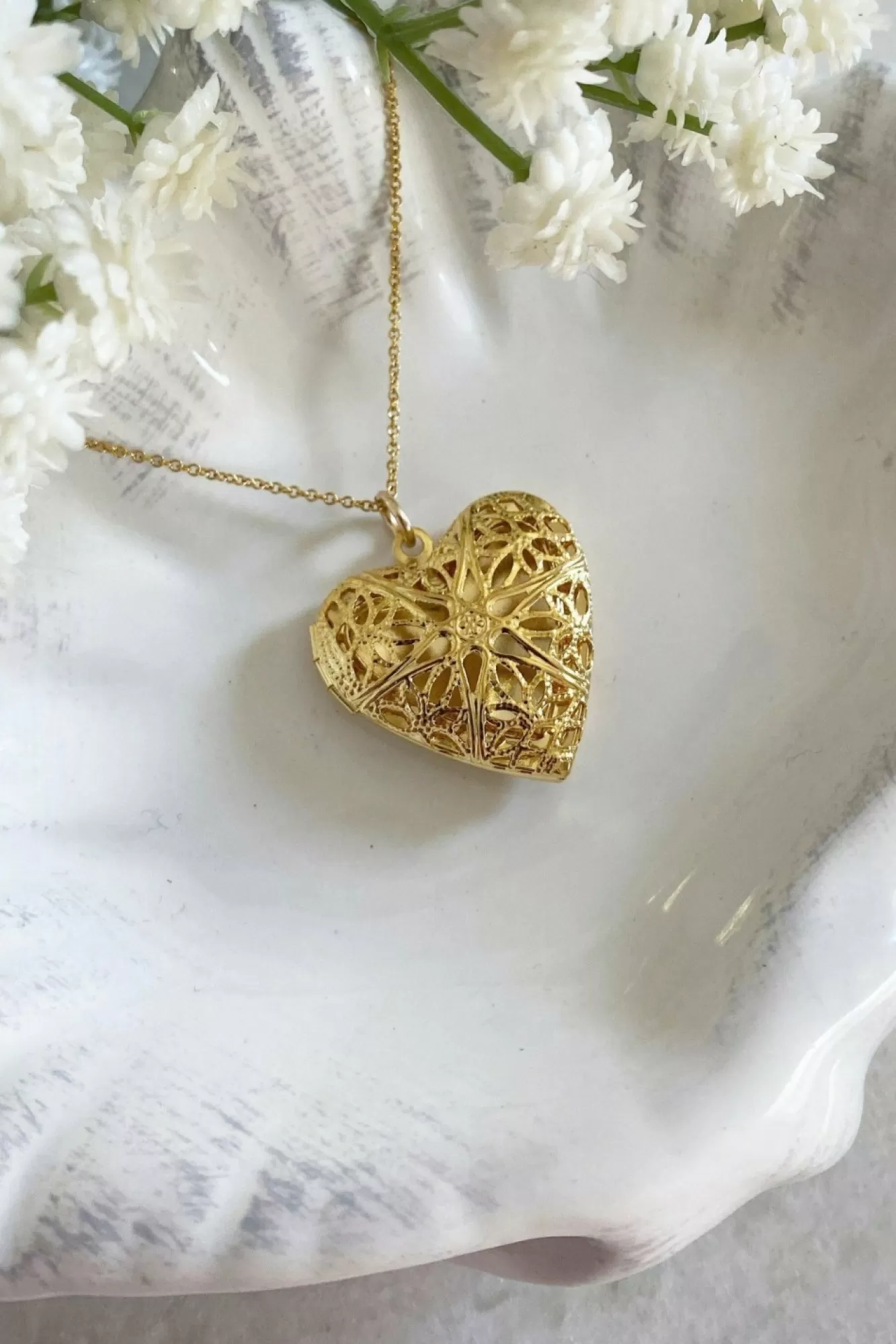 Jewellery^Wisteria London Florence Filigree Heart Locket Gold