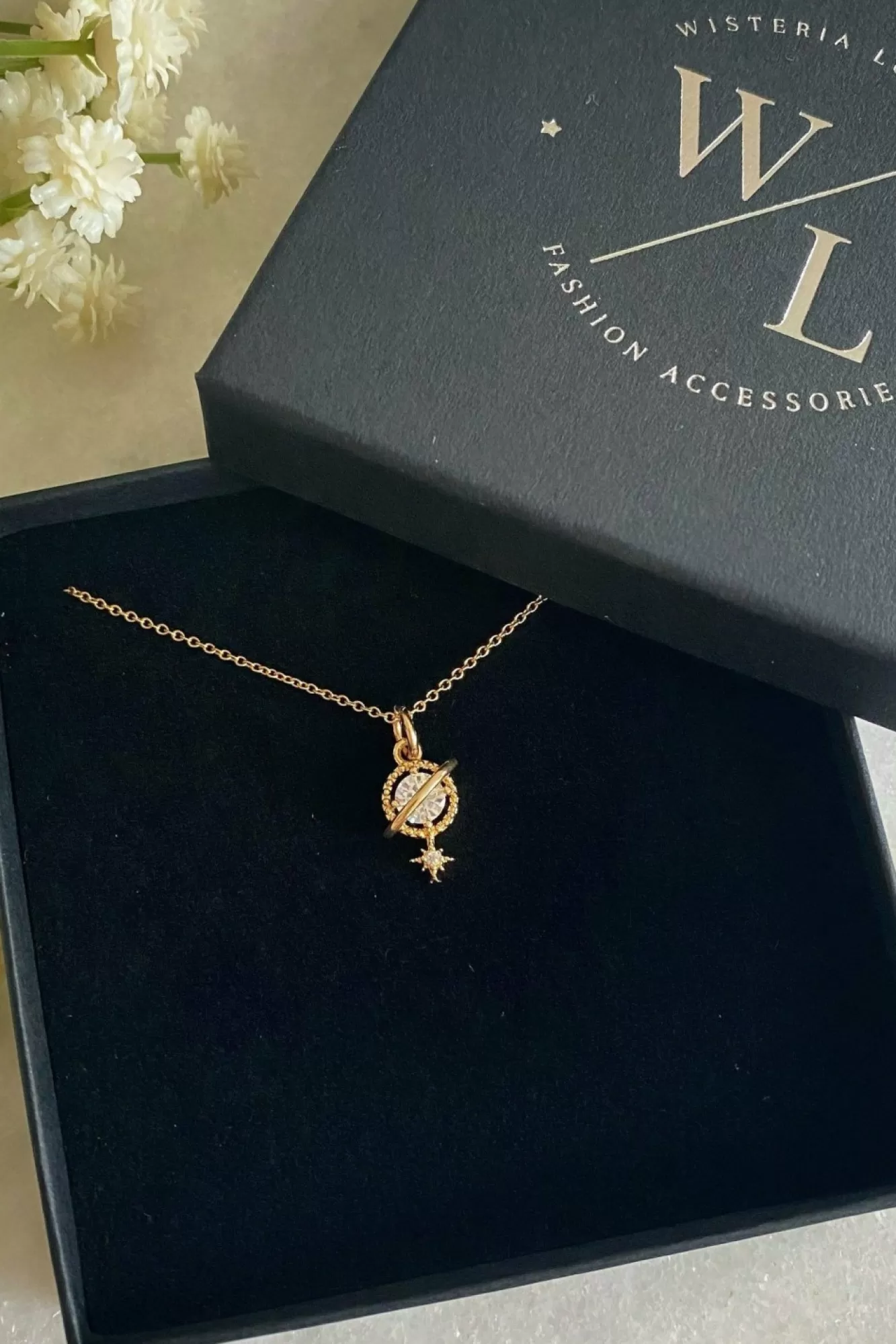Jewellery^Wisteria London Orion Clear Planet And Star Necklace Gold