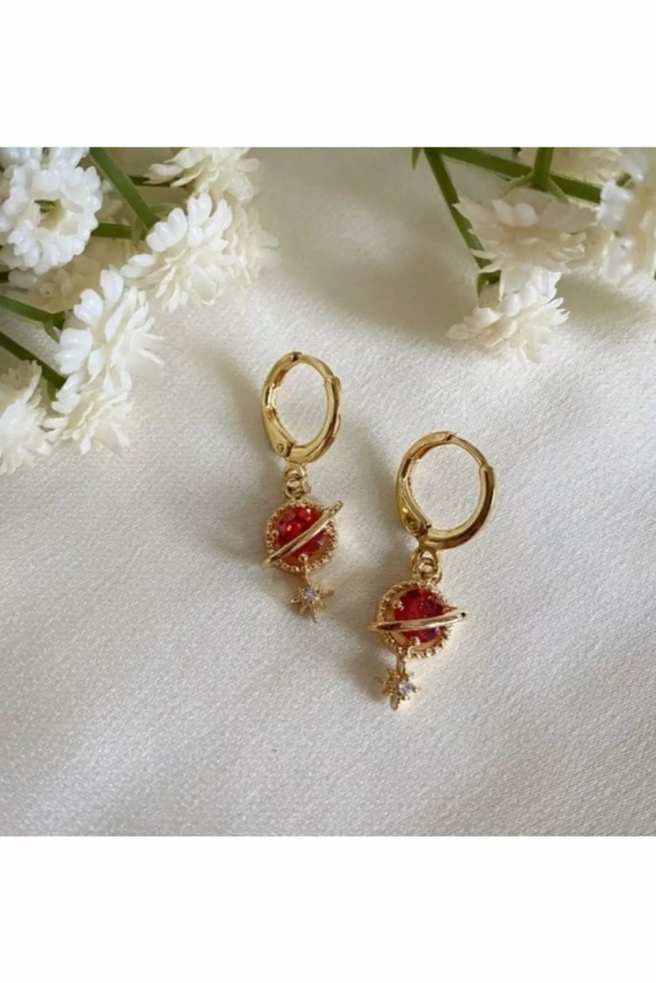 Jewellery^Wisteria London Orion Planet And Star Huggie Hoops Red