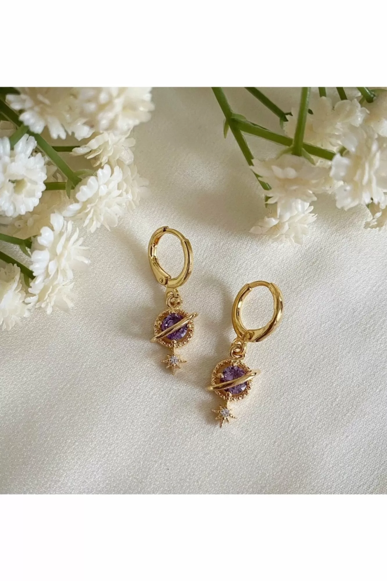 Jewellery^Wisteria London Orion Planet And Star Huggie Hoops Purple