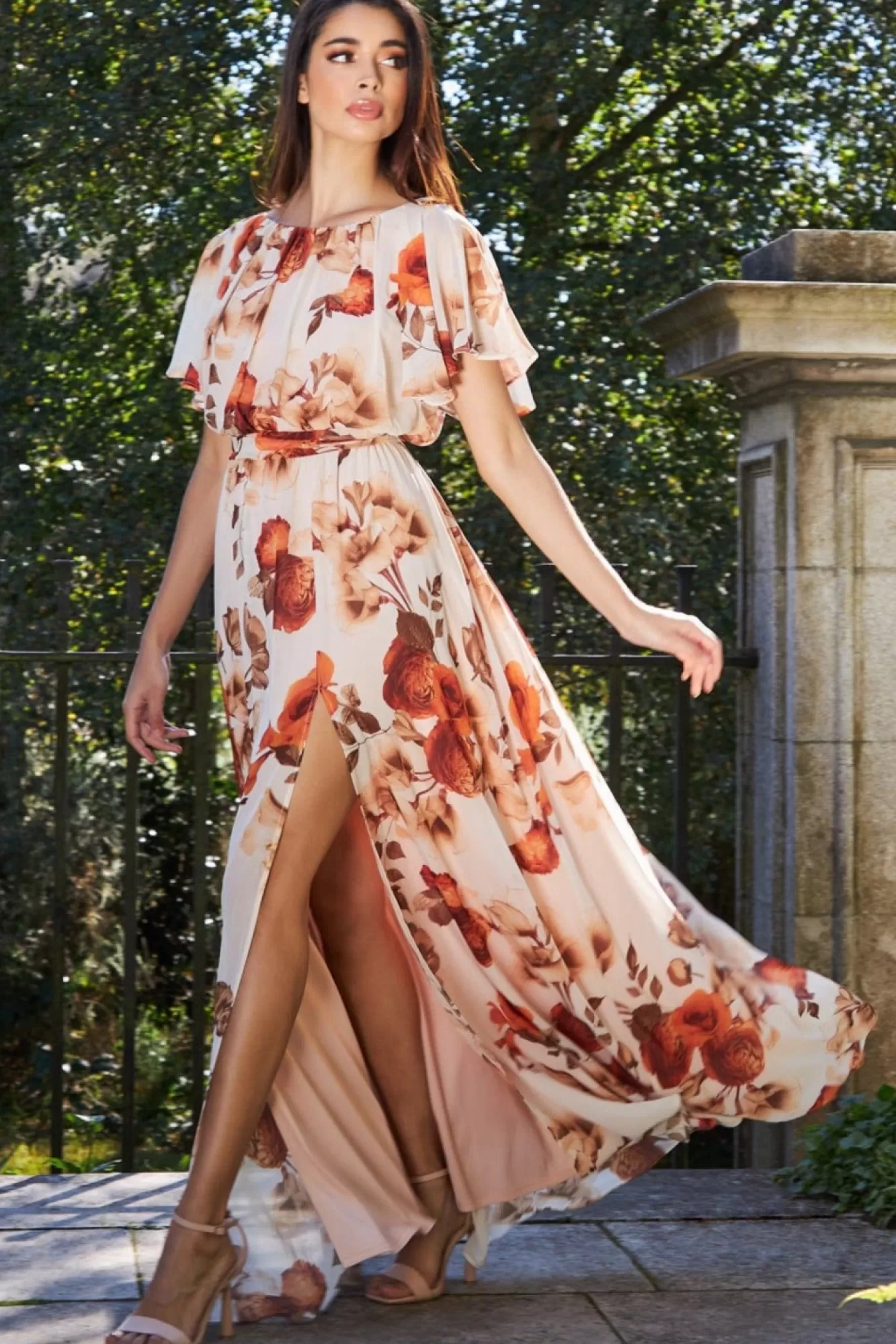 Maxi Dresses^* Wrap Back Flutter Sleeve Maxi Dress Beige