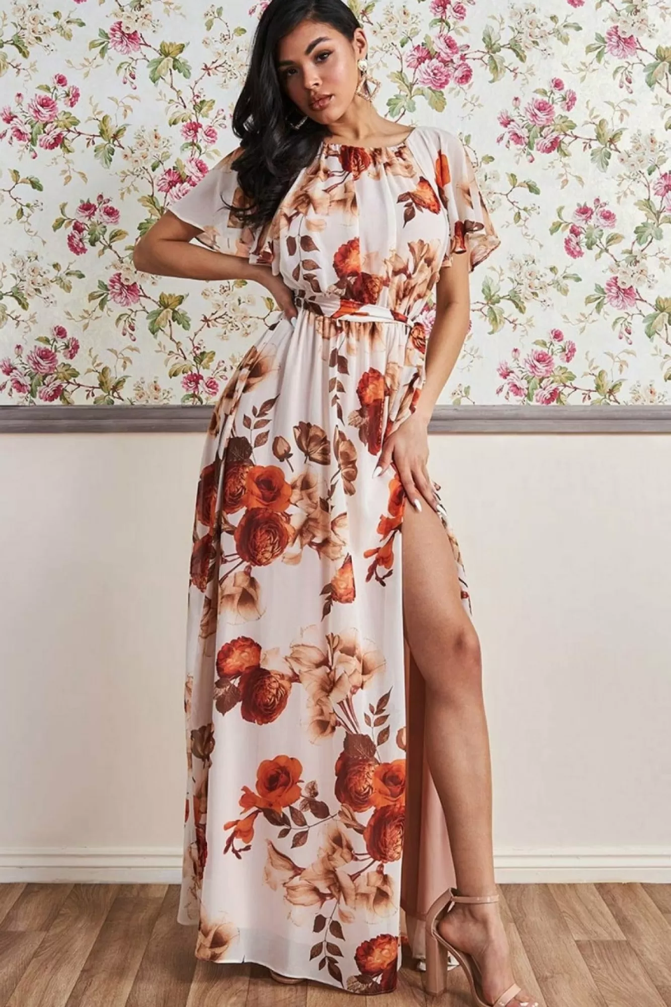 Maxi Dresses^* Wrap Back Flutter Sleeve Maxi Dress Beige