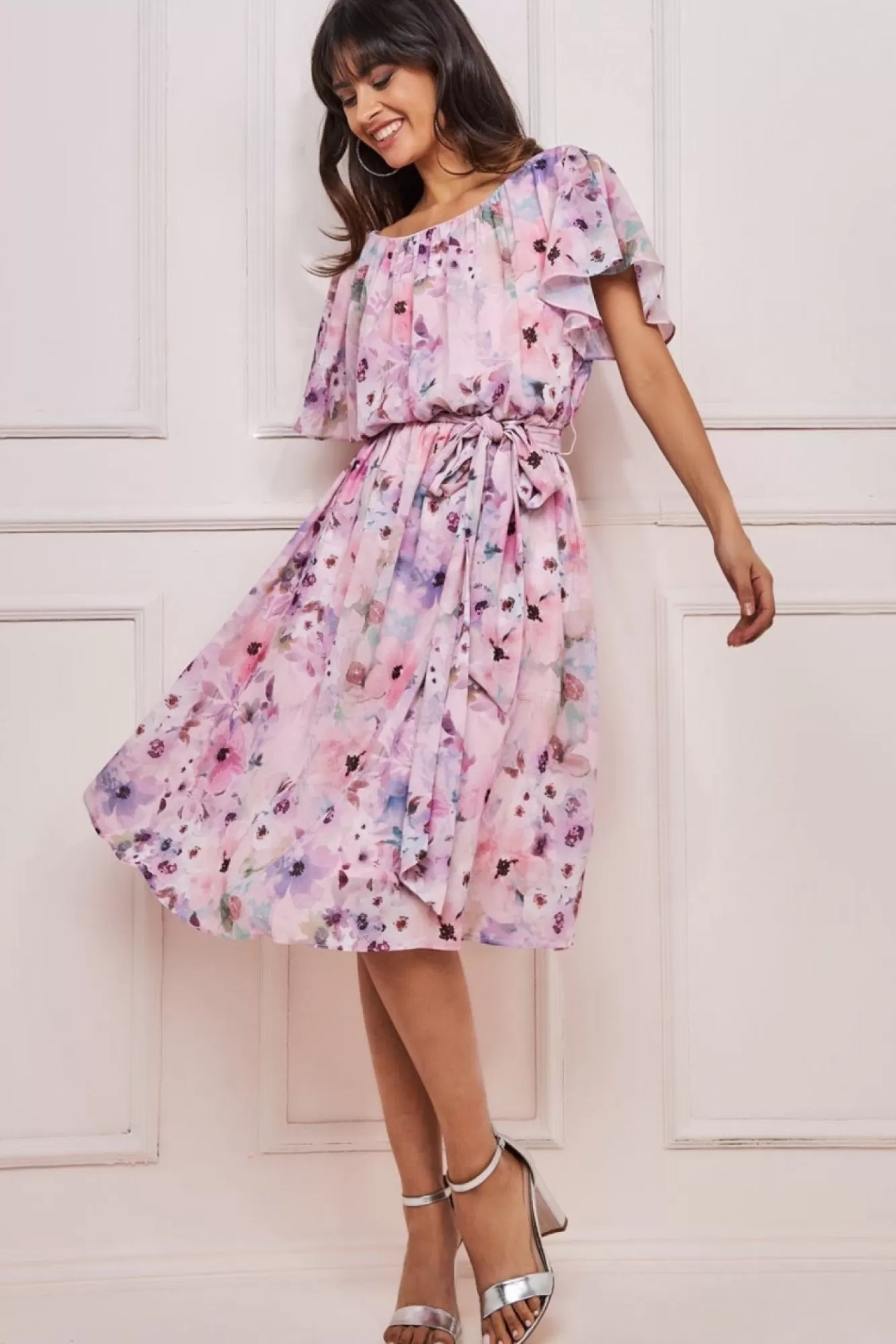 Midi Dresses^* Wrap Back Flutter Sleeve Midi Pink