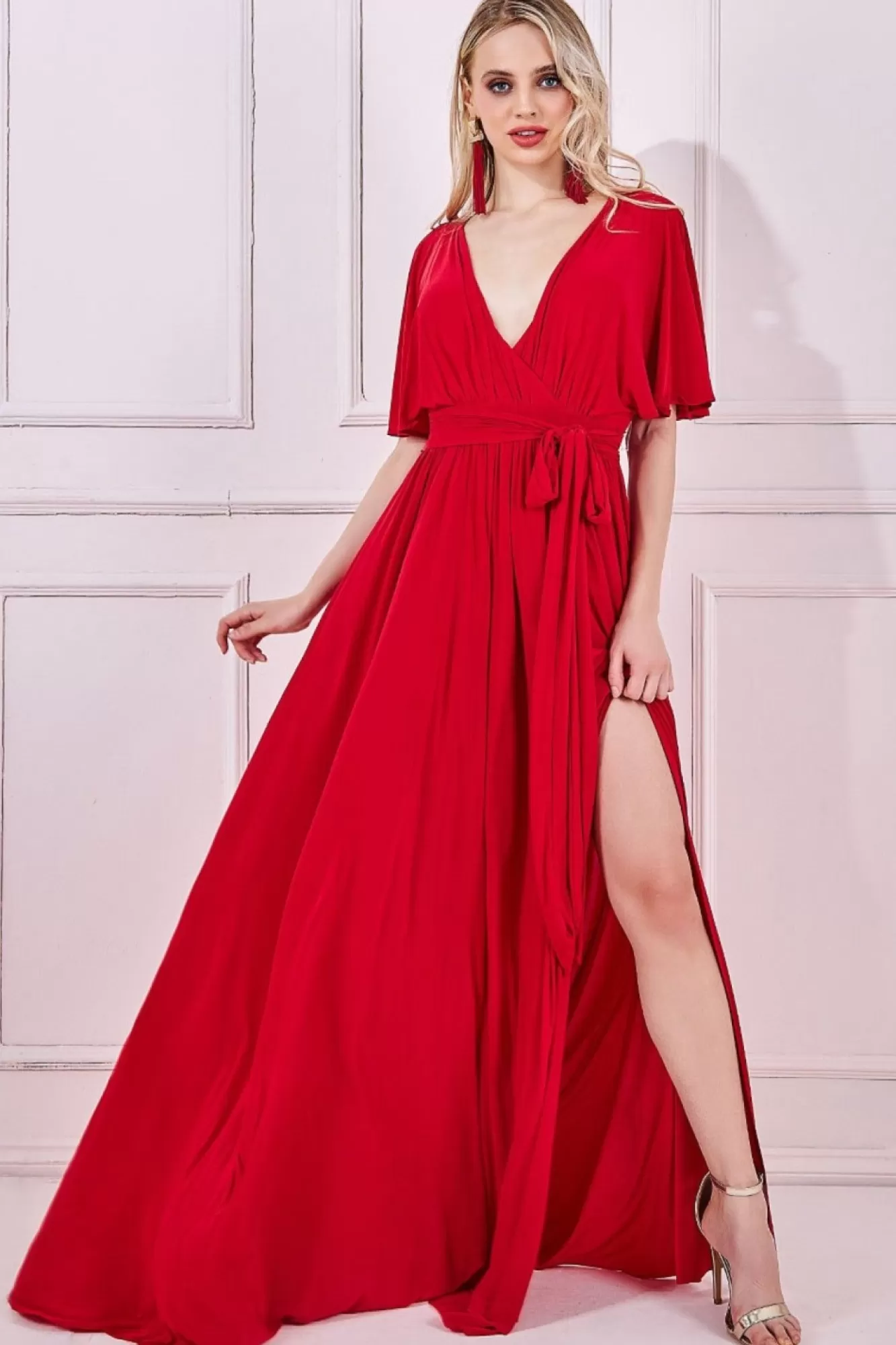 Maxi Dresses^* Wrap Front Maxi With Flutter Sleeves Red