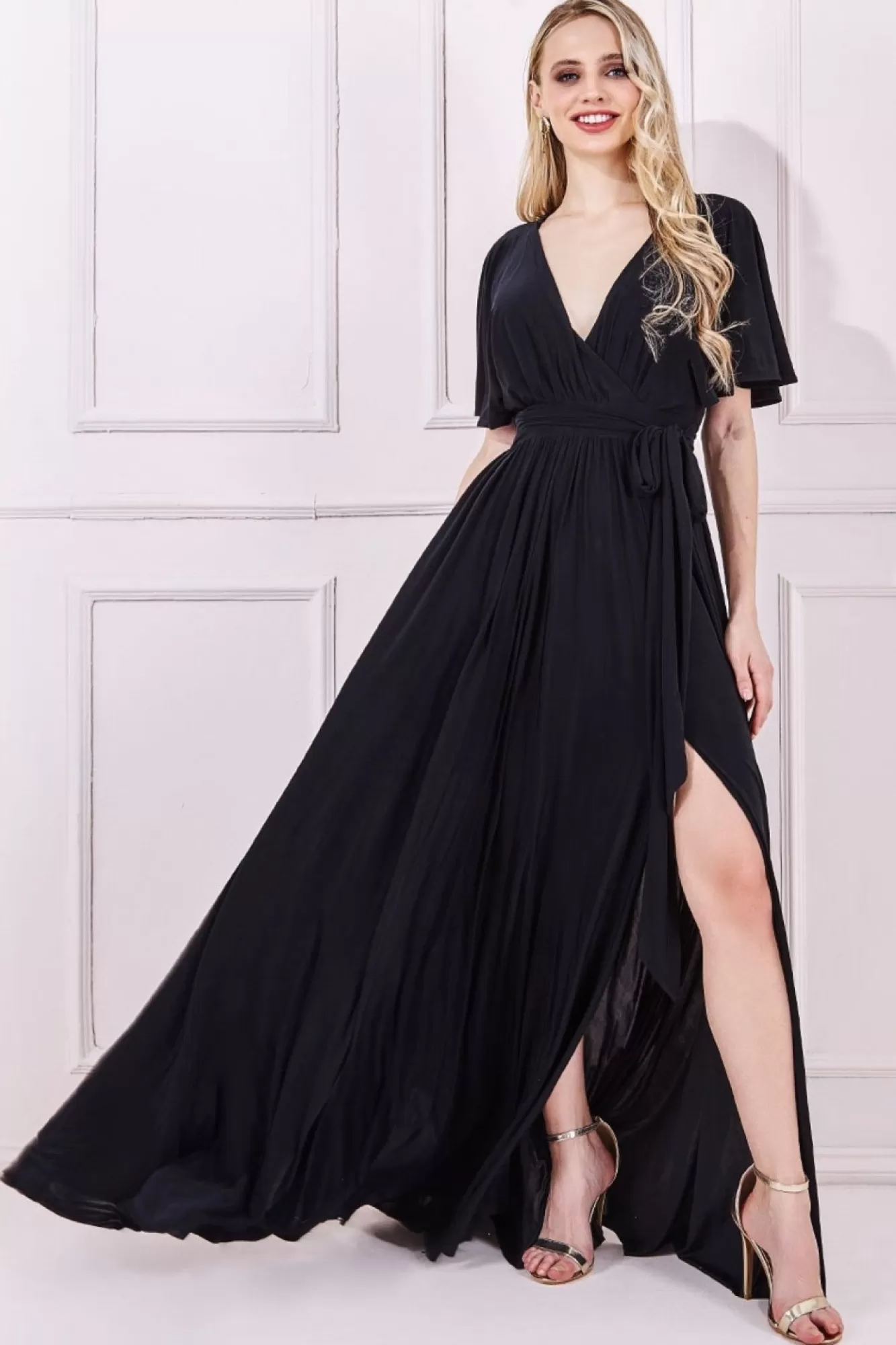 Maxi Dresses^* Wrap Front Maxi With Flutter Sleeves Black
