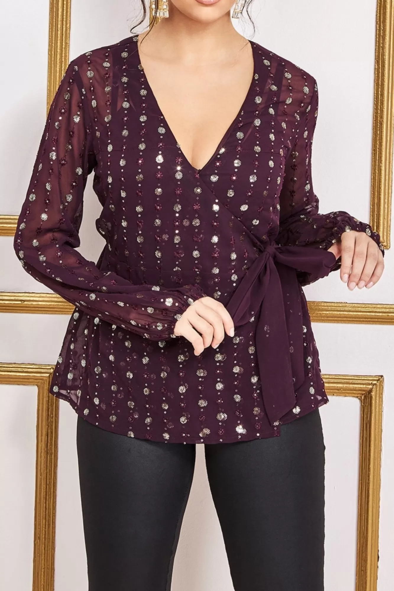 Blouses^* Wrap Sequin Top With Cami Wine