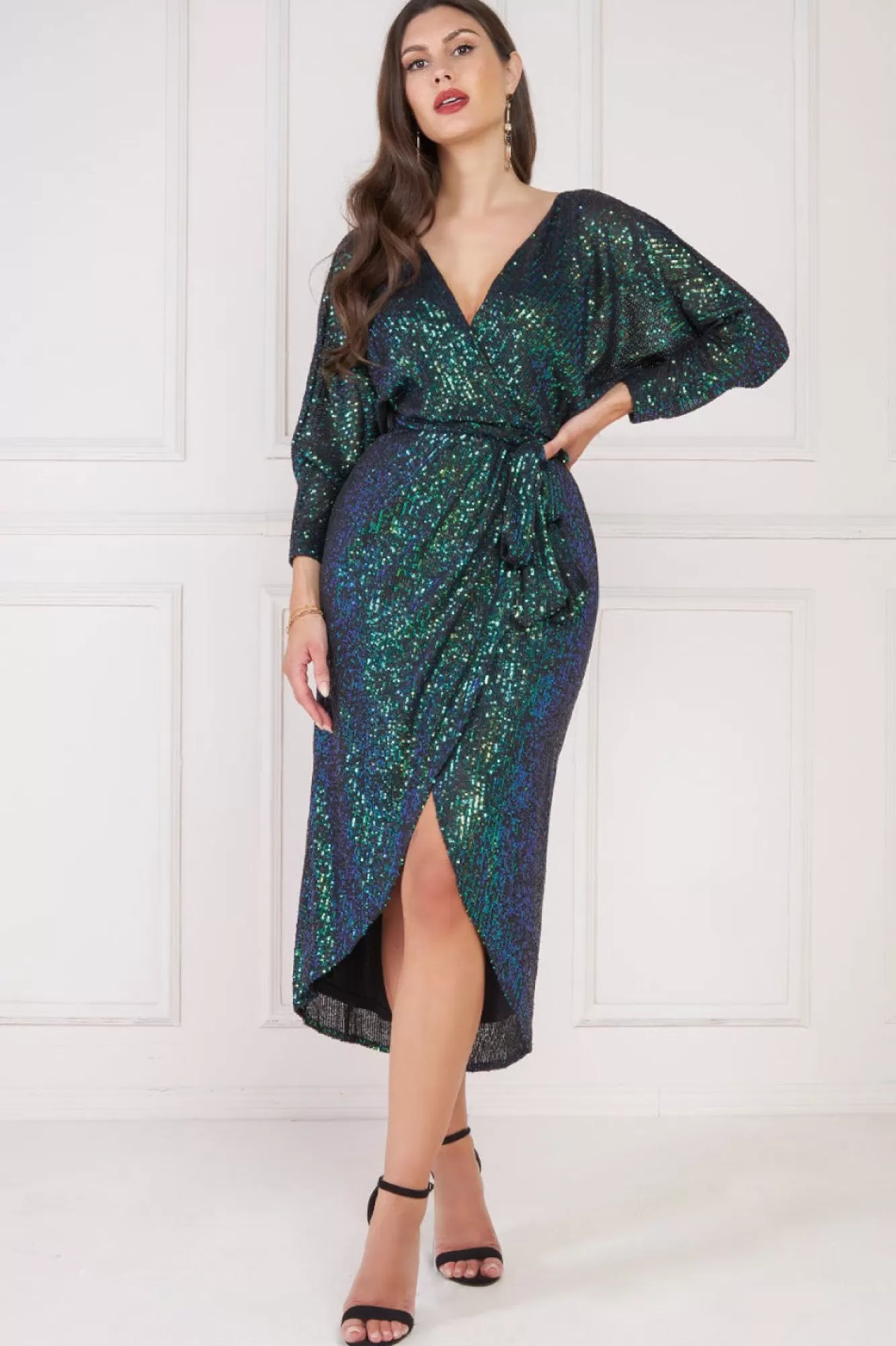 Midi Dresses^* Wrap Style Sequin Midi Dress Emerald
