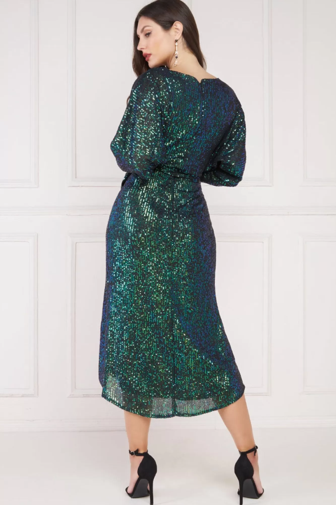 Midi Dresses^* Wrap Style Sequin Midi Dress Emerald