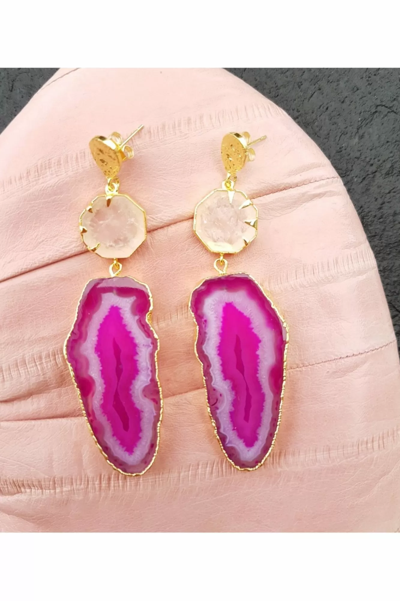 Jewellery^Yaa Yaa London Agate 'Hold On' Rose Quartz Gemstone Statement Earrings Pink