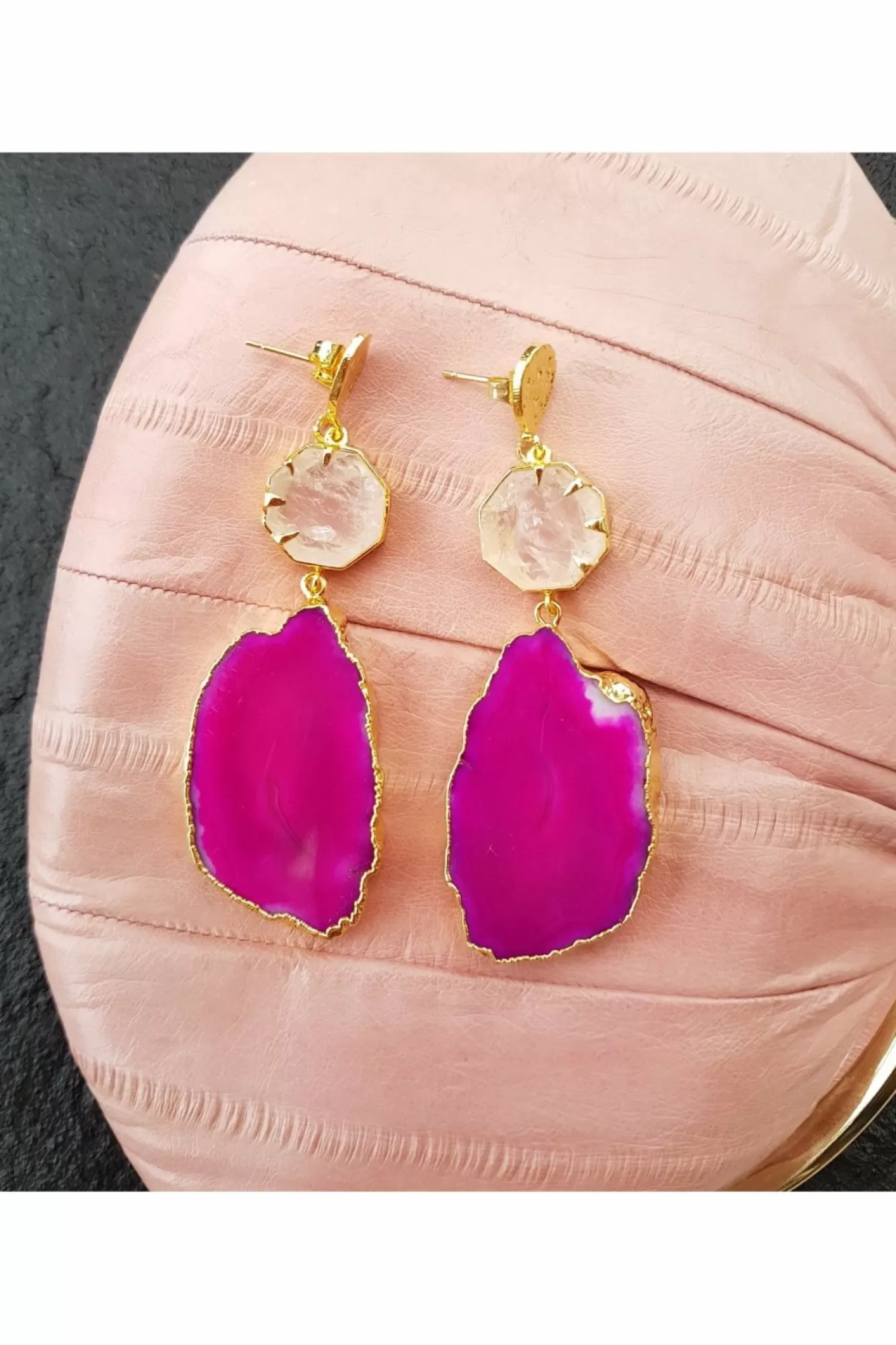 Jewellery^Yaa Yaa London Agate 'Hold On' Rose Quartz Gemstone Statement Earrings Pink