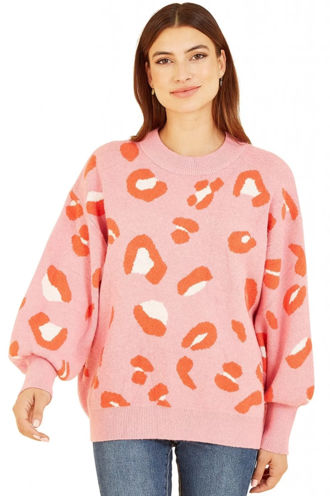 Jumpers^Yumi Abstract Animal Print Intarsia Relaxed Jumper Pink