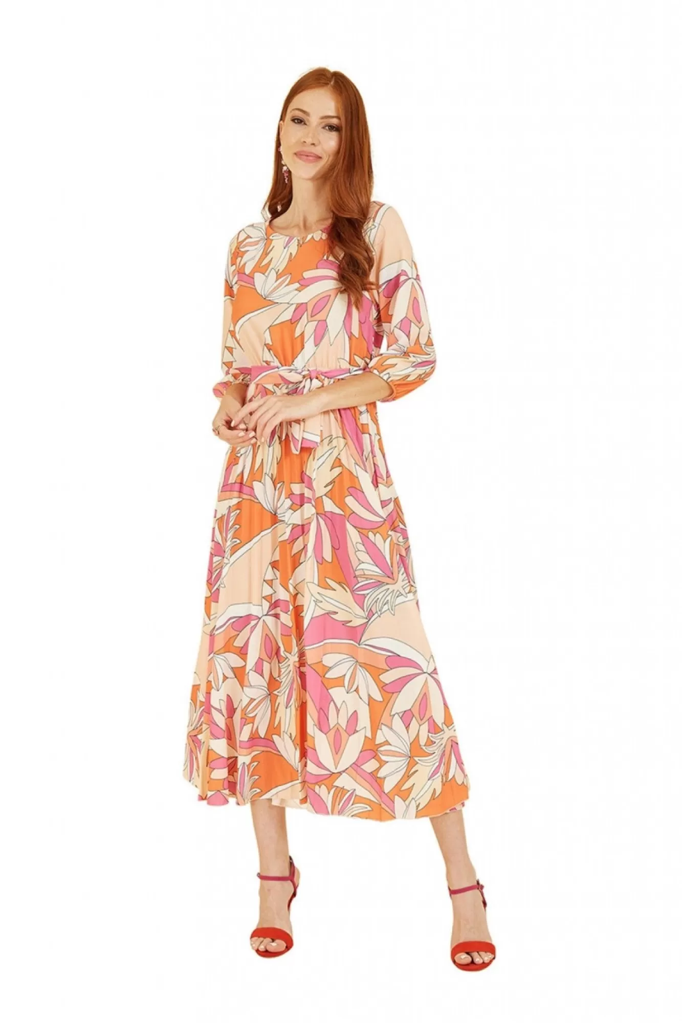 Midi Dresses^Yumi Abstract Print Pleated Midi Dress Orange