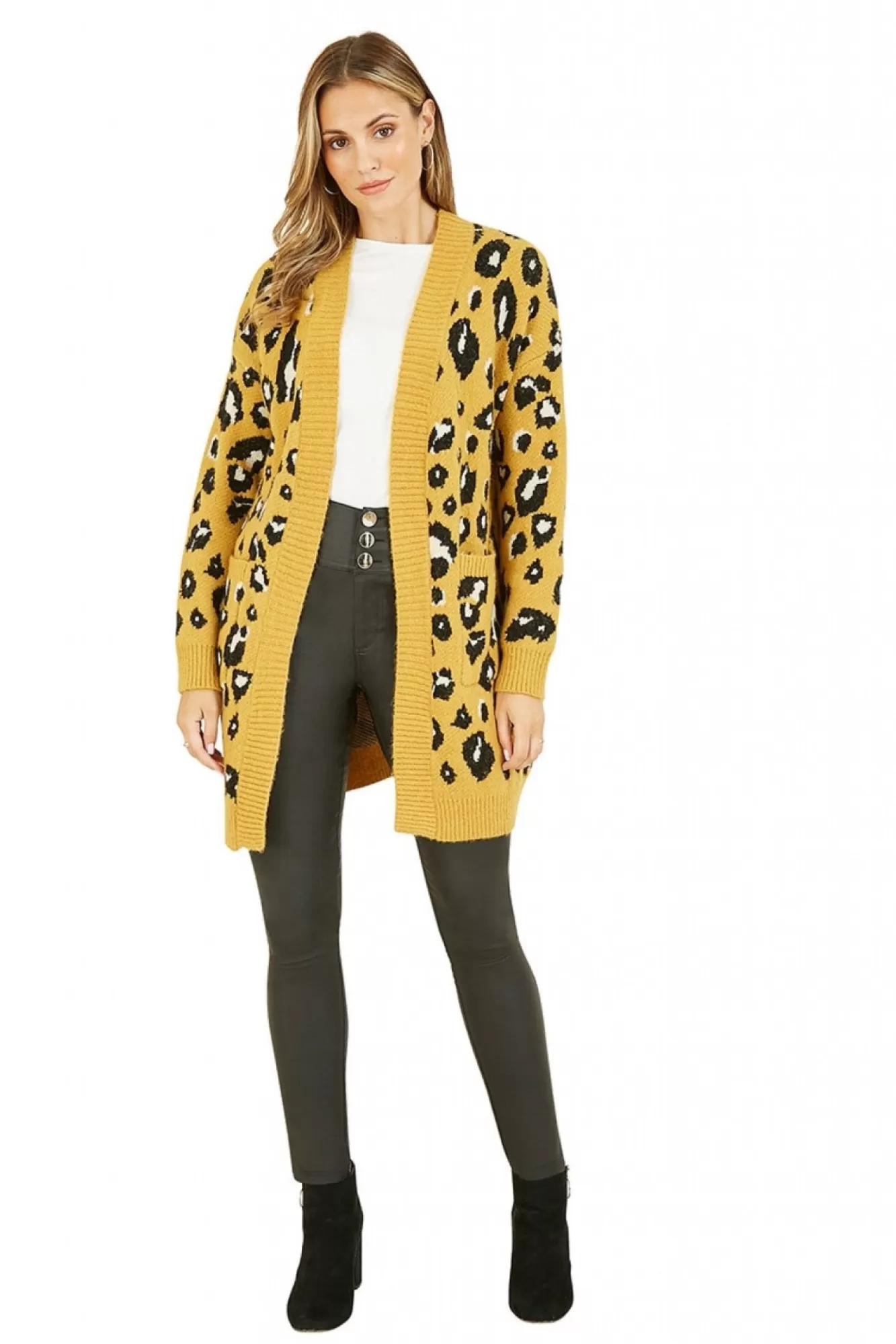 Cardigans^Yumi Animal Intarsia Long Cardigan Mustard