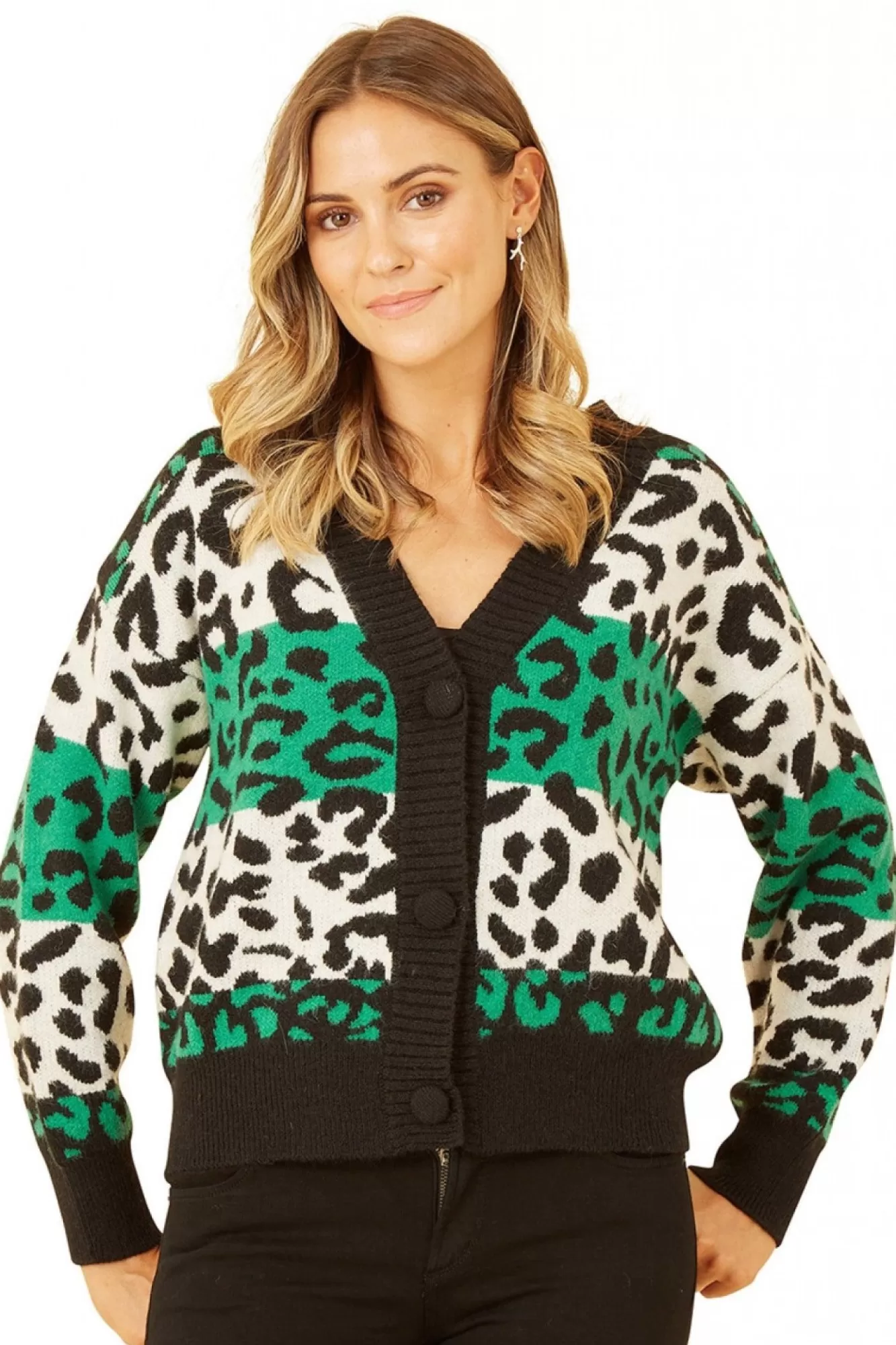 Cardigans^Yumi Animal Stripe Intarsia Knitted Cardigan Green