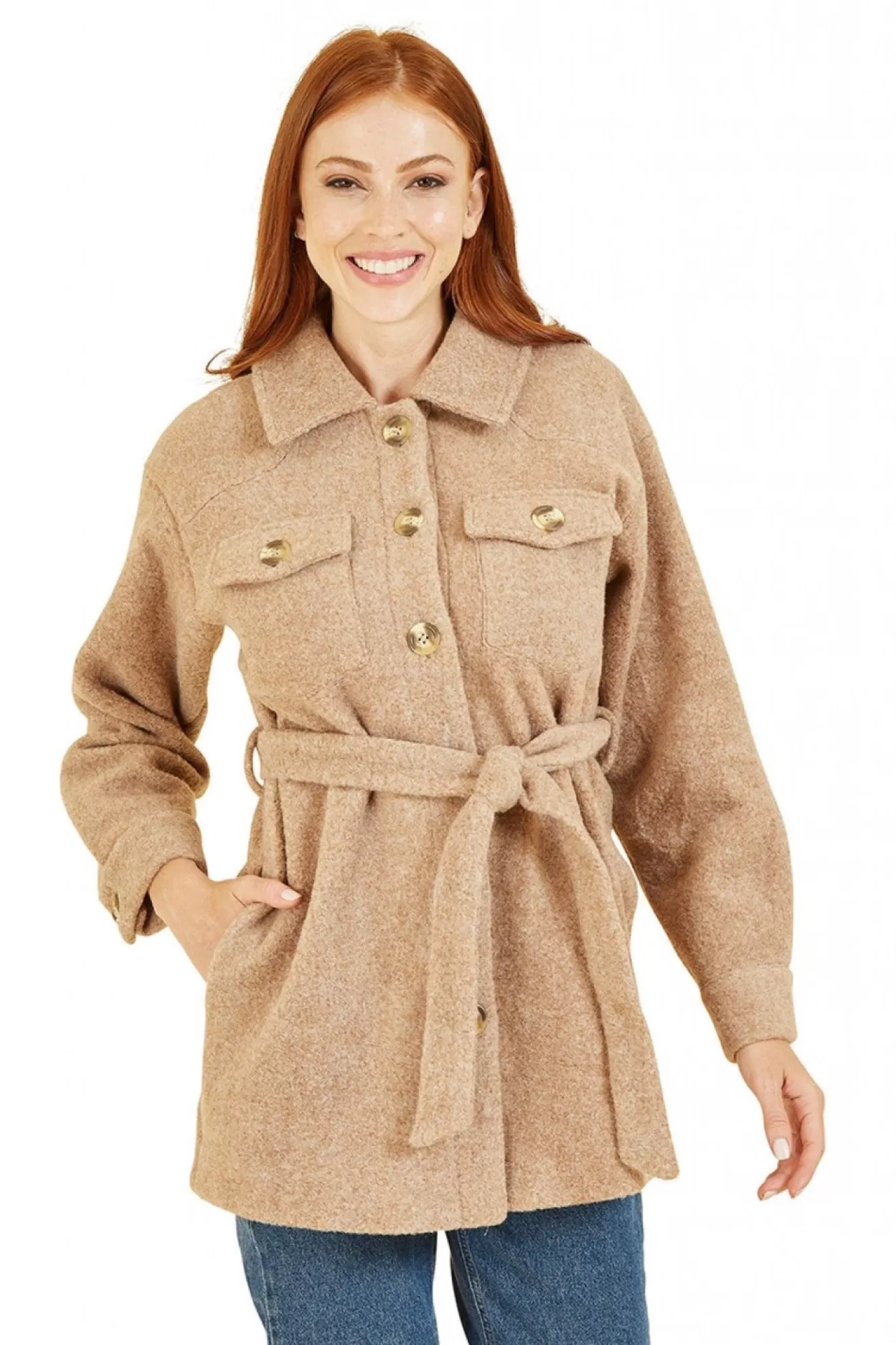 Outerwear^Yumi Button Down Shacket With Tie Belt Beige