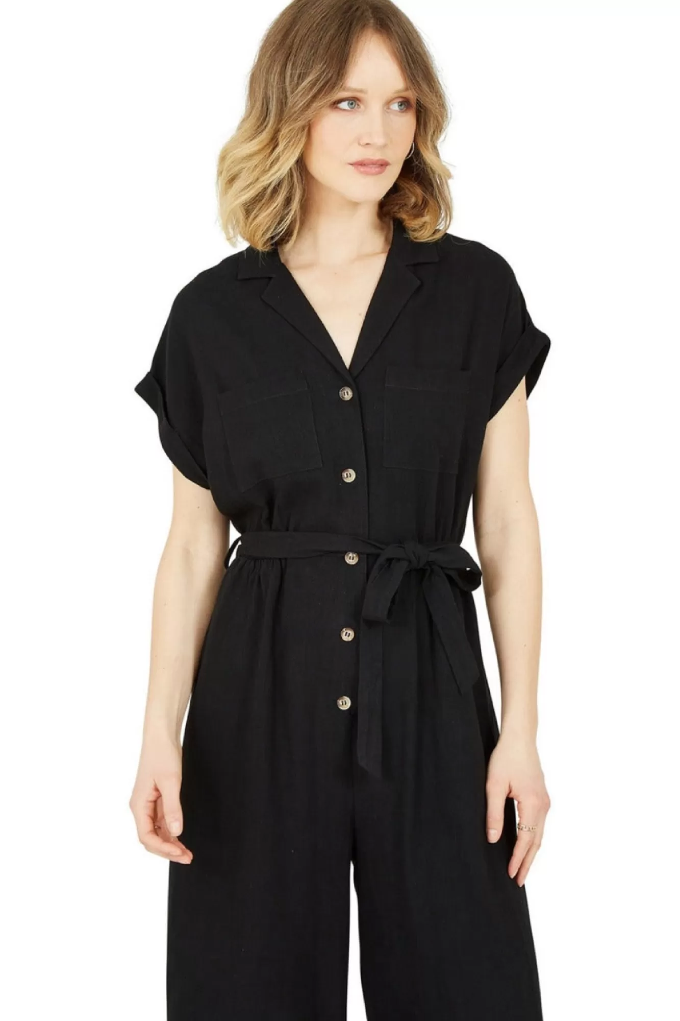 Jumpsuits^Yumi Button Up Linen Jumpsuit Black