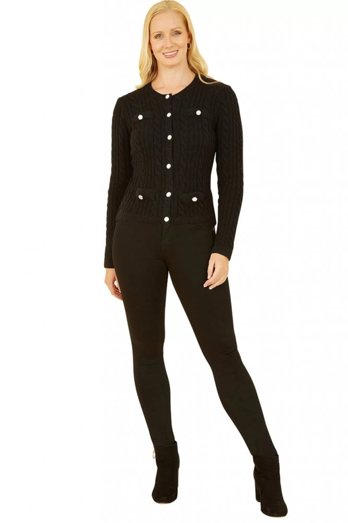 Cardigans^Yumi Cable Knit Cropped Button Up Cardigan Black