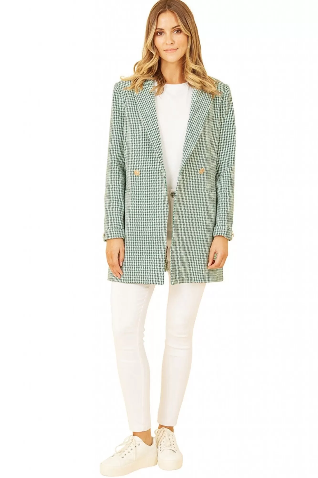 Outerwear^Yumi Check Long Line Blazer Green