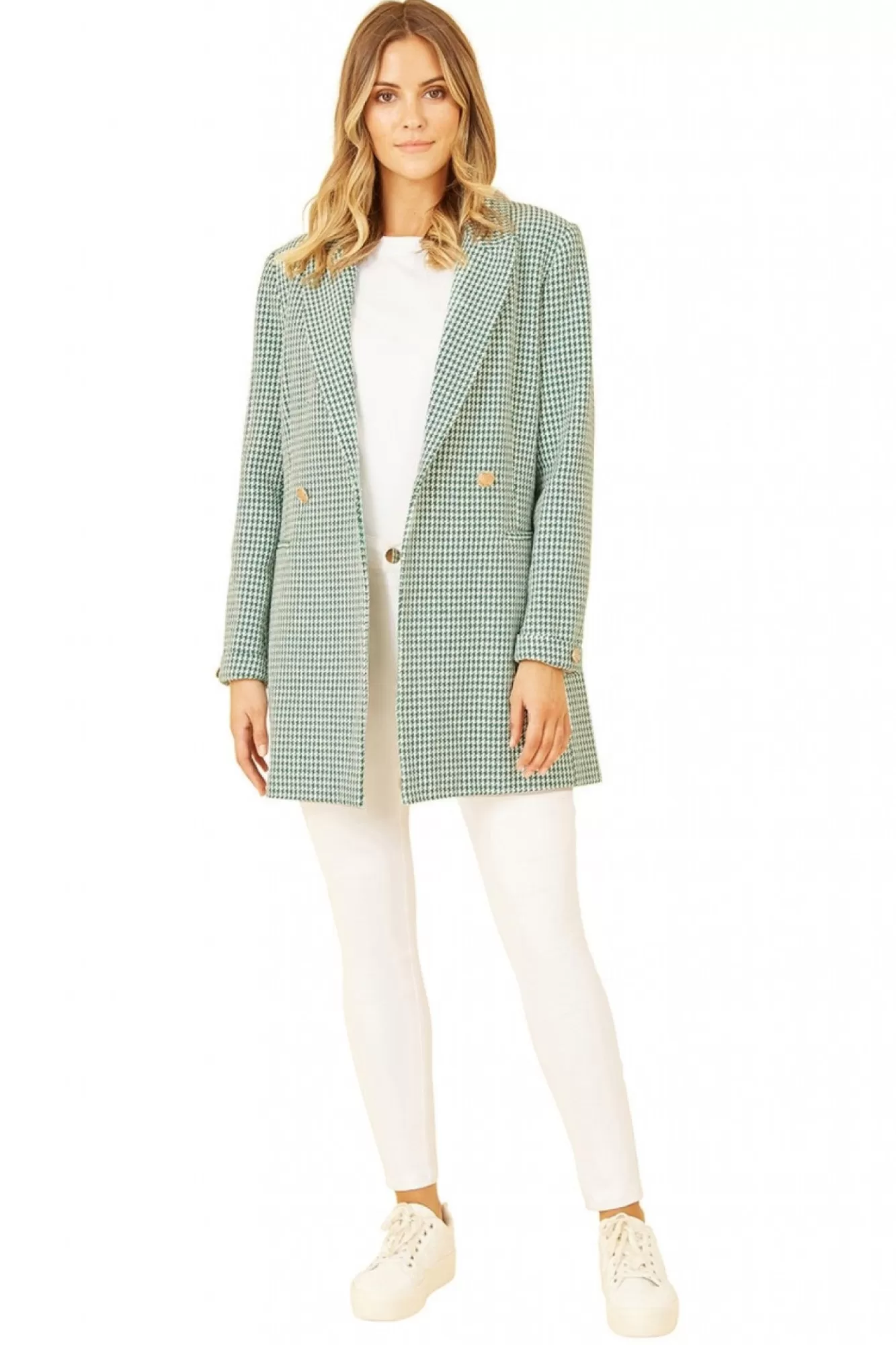 Outerwear^Yumi Check Long Line Blazer Green