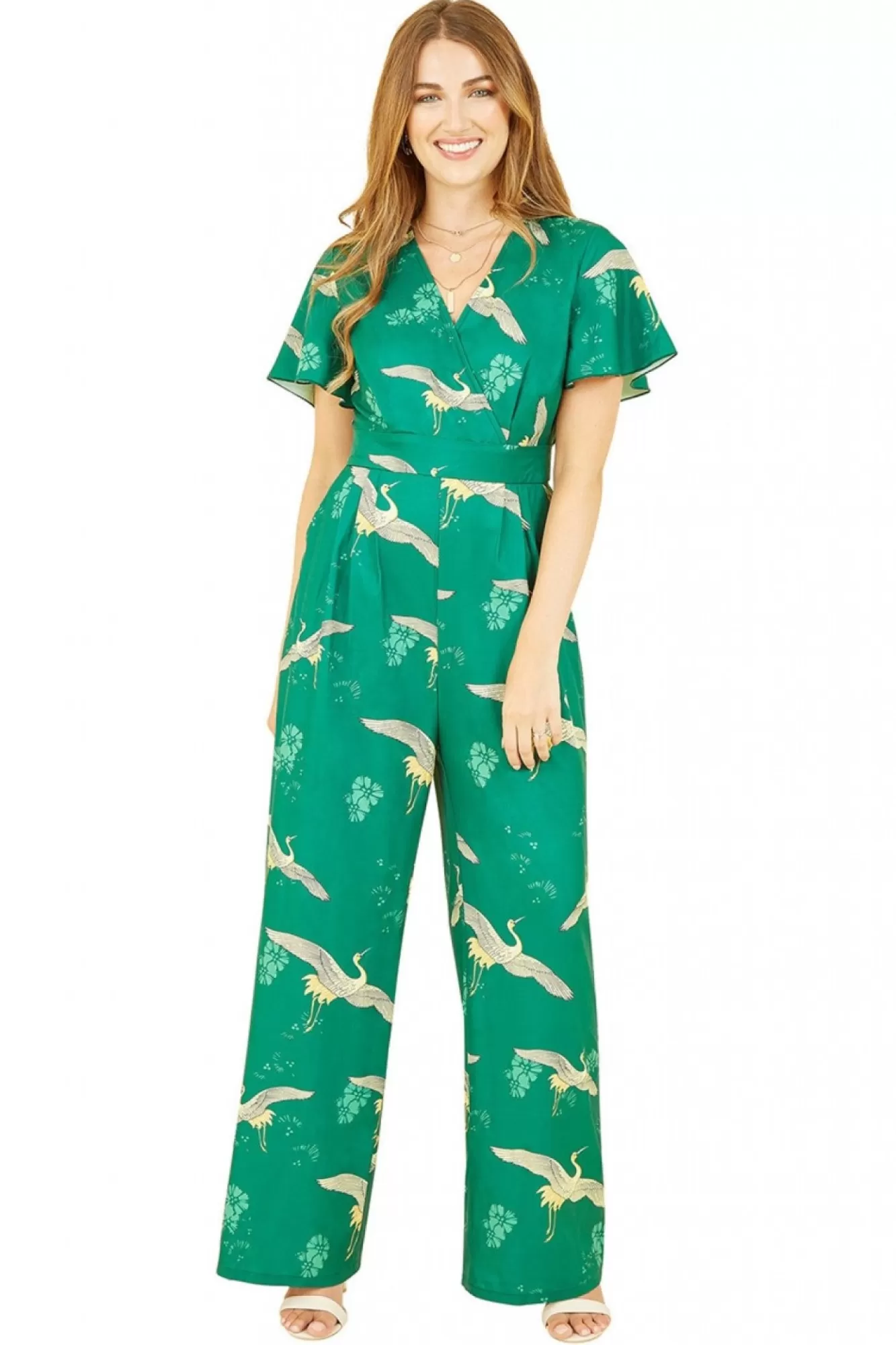 Jumpsuits^Yumi Crane Print Angel Sleeve Jumpsuit Green
