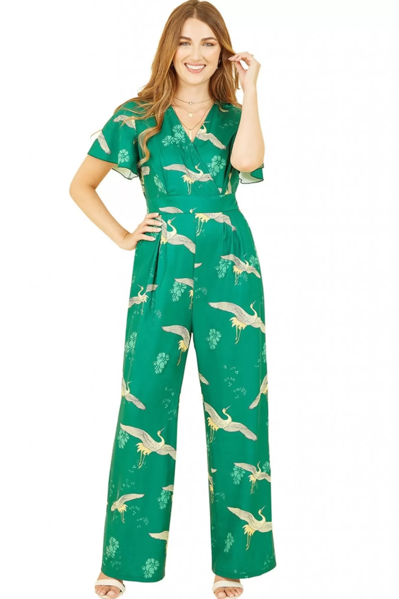 Jumpsuits^Yumi Crane Print Angel Sleeve Jumpsuit Green