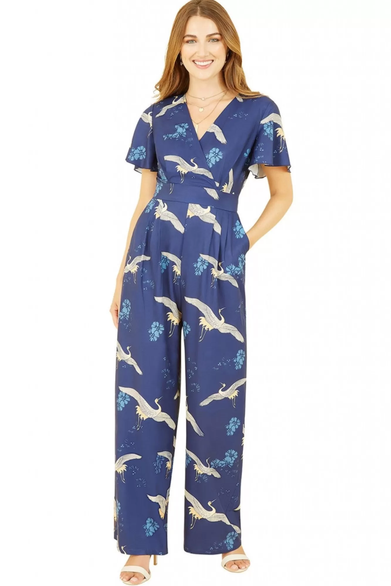 Jumpsuits^Yumi Crane Print Angel Sleeve Jumpsuit Navy
