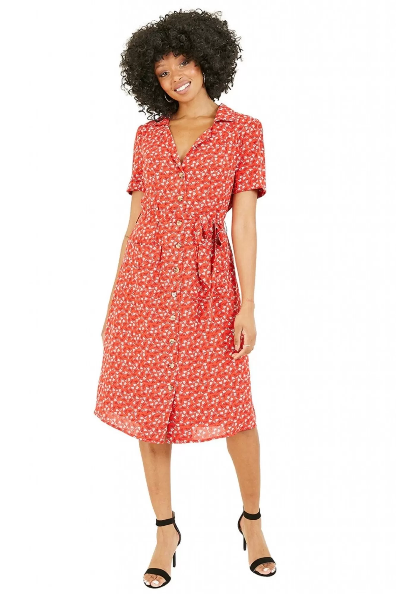 Mini Dresses^Yumi Ditsy Leaf Print Retro Shirt Dress Red