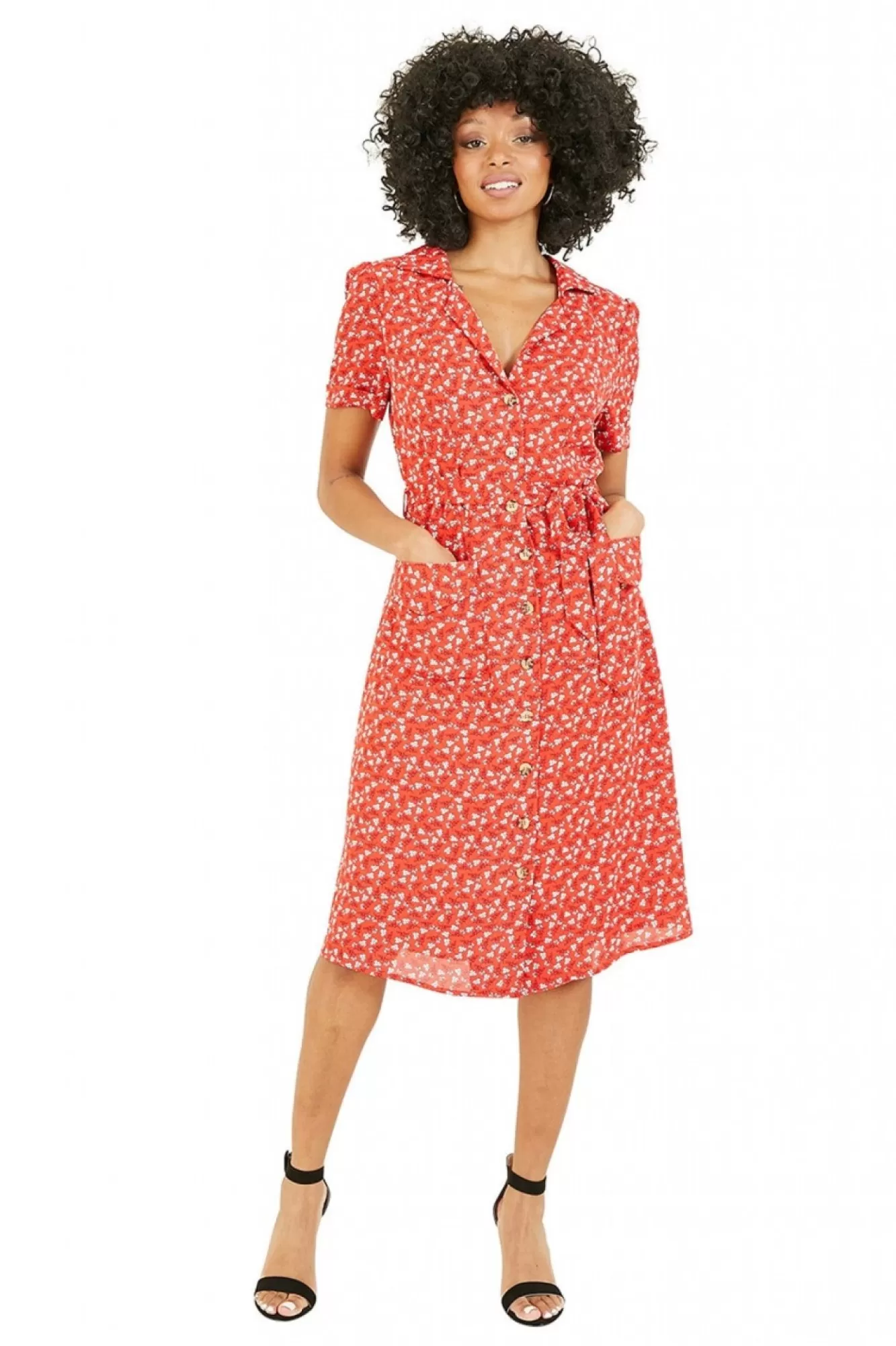 Mini Dresses^Yumi Ditsy Leaf Print Retro Shirt Dress Red