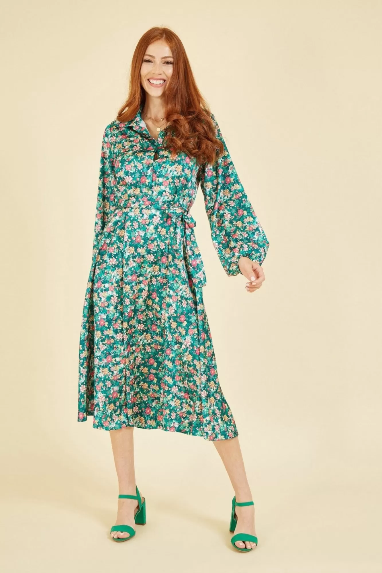 Midi Dresses^Yumi Ditsy Print Long Sleeve Midi Shirt Dress Green
