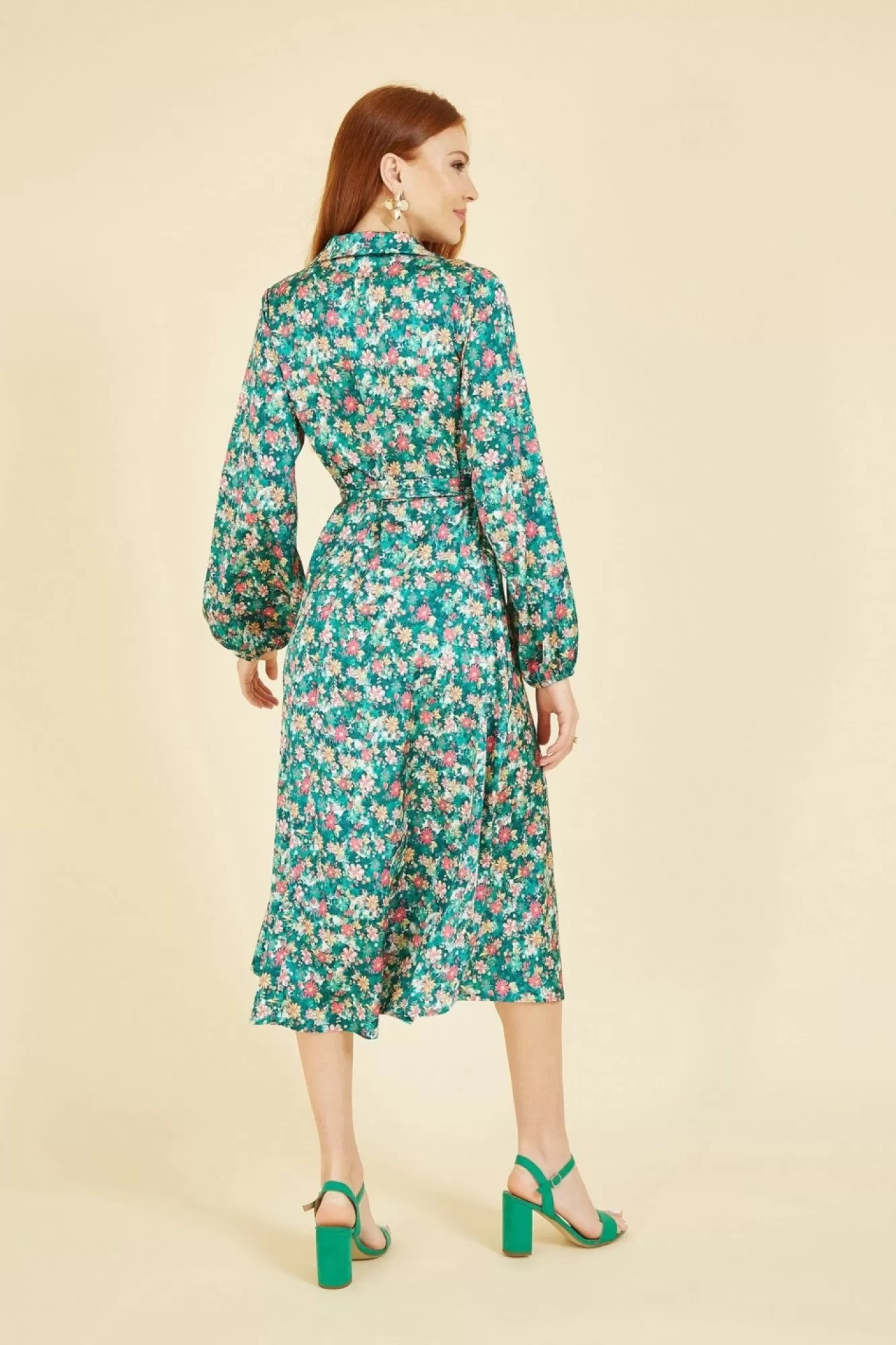 Midi Dresses^Yumi Ditsy Print Long Sleeve Midi Shirt Dress Green