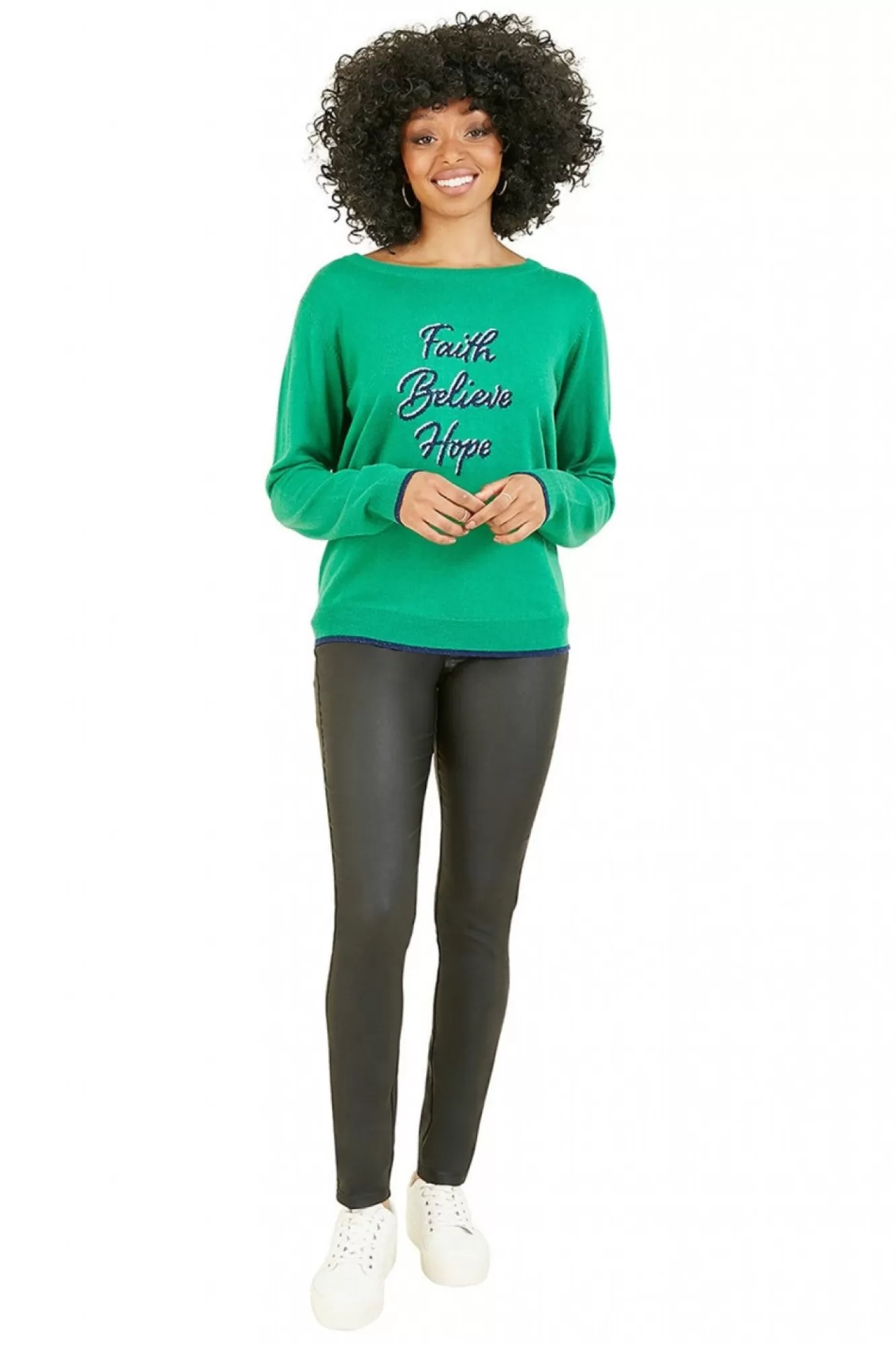 Jumpers^Yumi Faith Believe Hope Slogan Knitted Jumper Green