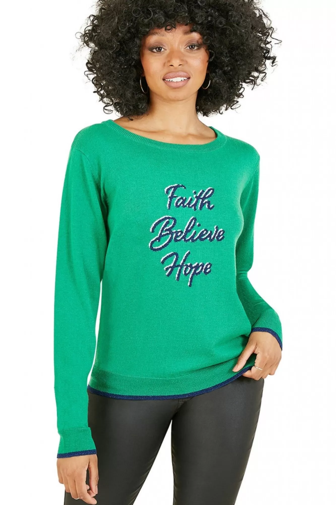 Jumpers^Yumi Faith Believe Hope Slogan Knitted Jumper Green