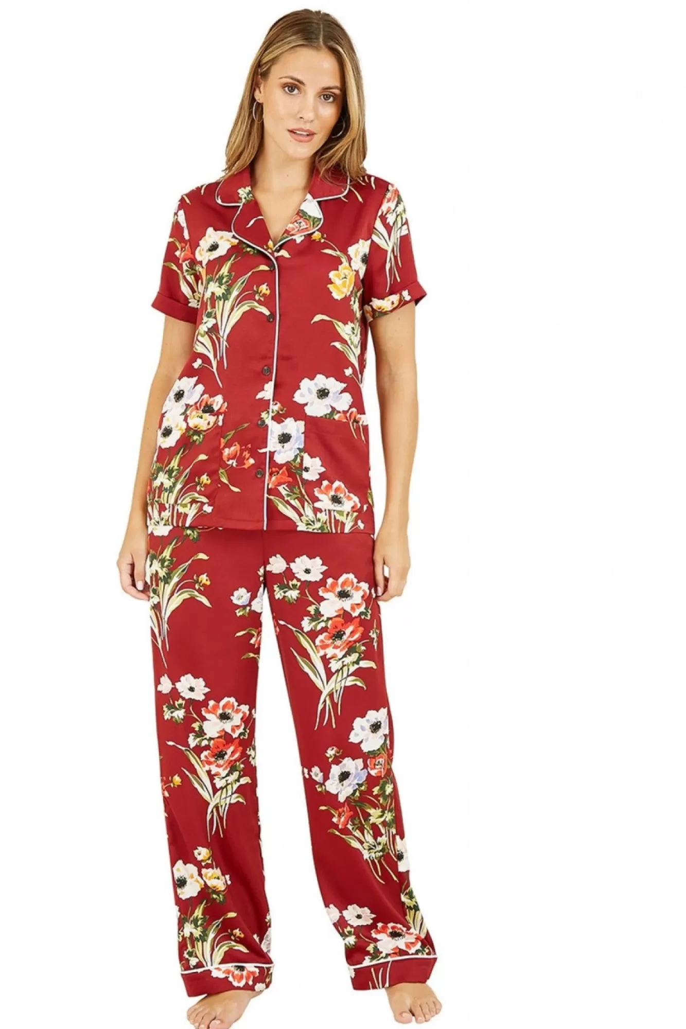 Loungewear & Sleepwear^Yumi Floral Satin Pyjamas With Contrast Trim Red